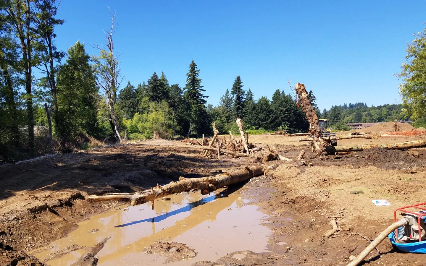 Realigned Gibbons Creek channel north of SR 14  – August 2020. View north of wood habitat structure installed within the realigned Gibbons Creek channel. More than 100 pieces of habitat wood were installed to provide long term structure to the creek. These structures will help to create cover, pools and sort gravel as well as to capture additional wood coming downstream. All wood was anchored and partially buried to prevent it from floating offsite and getting caught beneath the SR14 bridge.