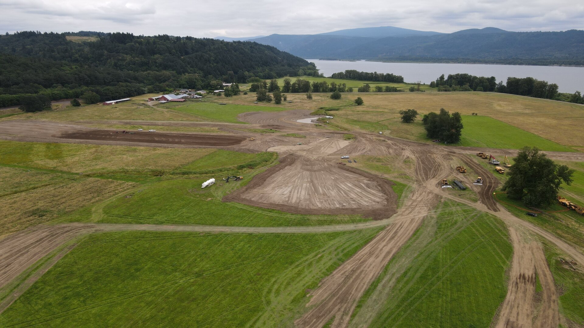 An overhead shot of the construction area at Steigerwald Lake. The Columbia River, which the refuge will soon be reconnected to, can be seen in the background.