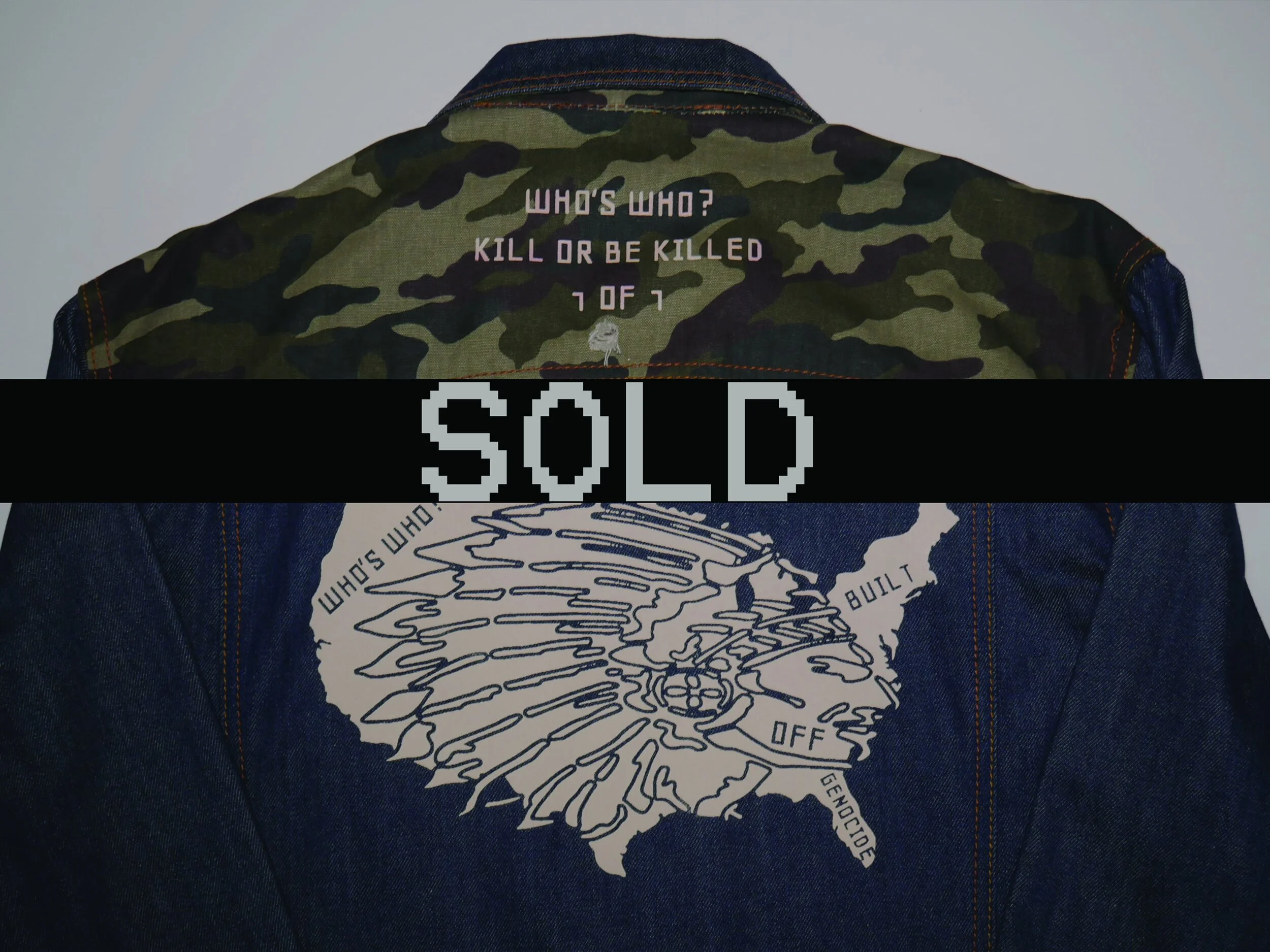 WHO'S WHO? {WAR READY} 1 OF 1 CAMO DENIM JACKET