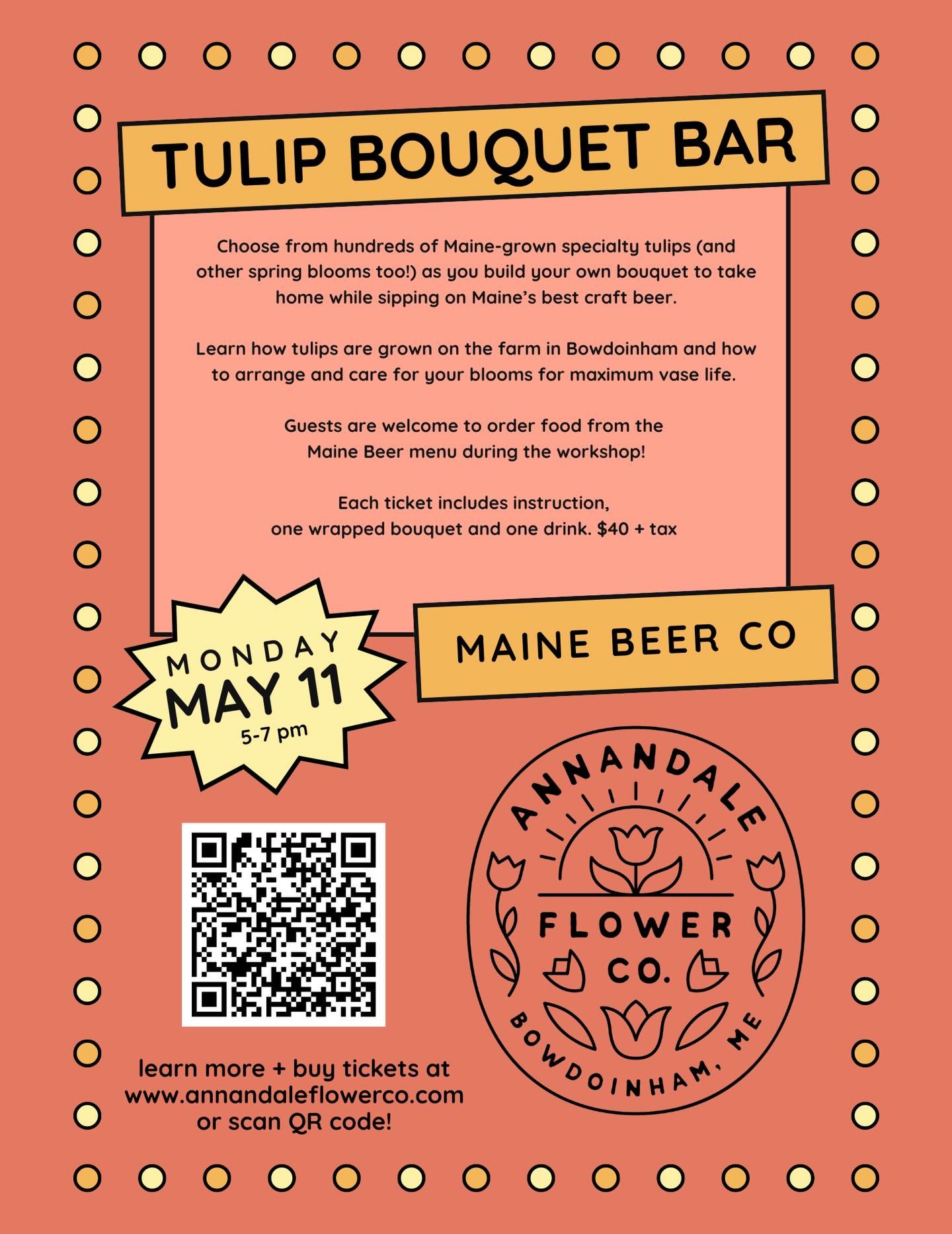 Save the date and get your tickets before they sell out! 

We are so excited for this next event at @mainebeerco in early May! Join us for an instructional bouquet making workshop featuring our Bowdoinham-grown specialty tulips. 💐