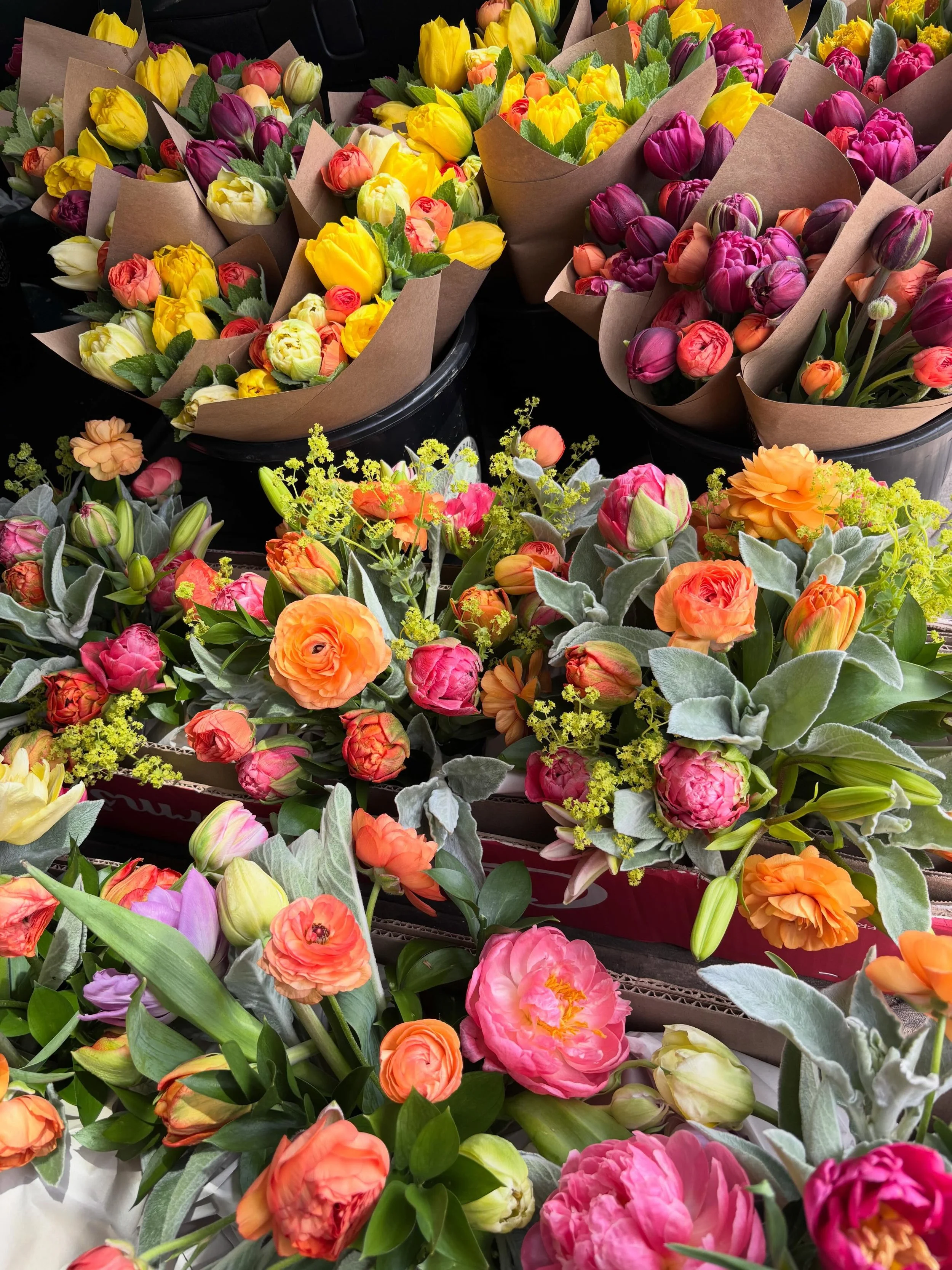 A whole lot of color heading out into the world today! Special orders, weekly arrangements and lush bouquets for @royalrivernaturalfoods and @sixriverfarm 🌈