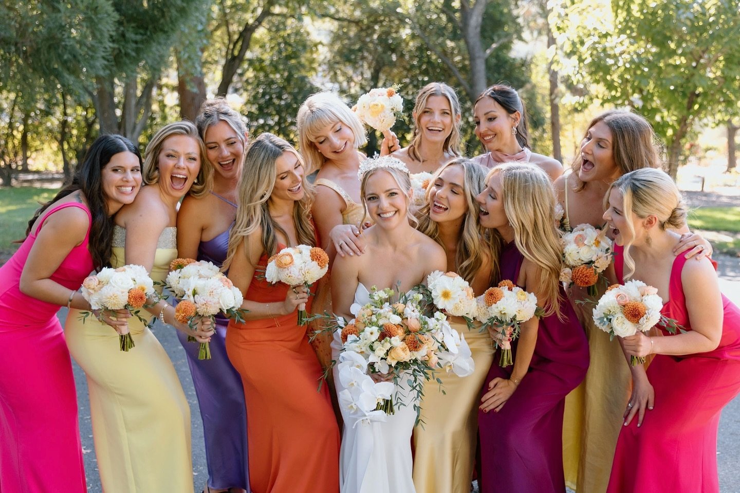 Obsessed with the bright colors Olivia chose for her bridal party. It fit their fun and fresh vibe all day! 🩷 

@mcalderonphoto 
@milestoneeventsgroup 
@charleskrugwinery 
@encoreeventsrentals 
@lavenderfloraldesign 
@mua_hair_bymarla @alisse_natura