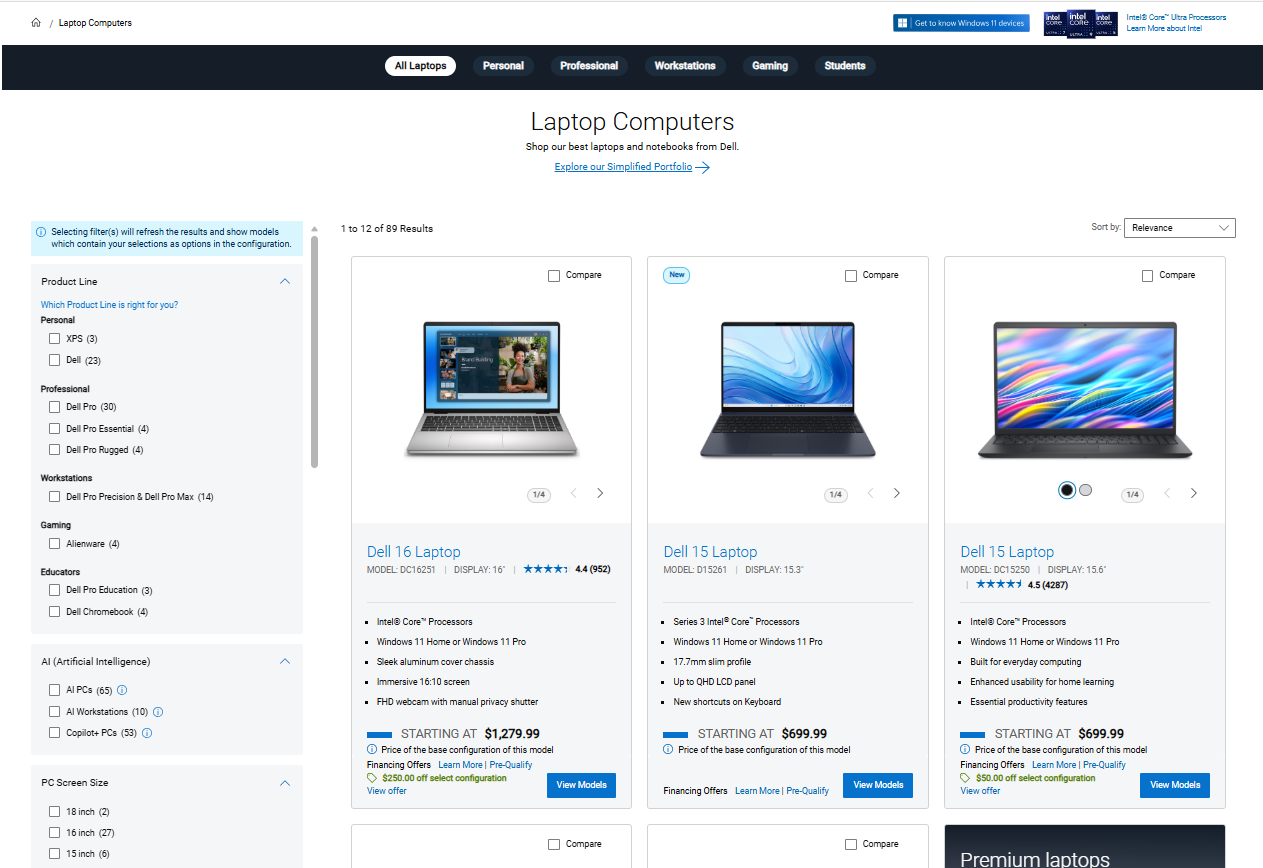 Dell Product Listing Page