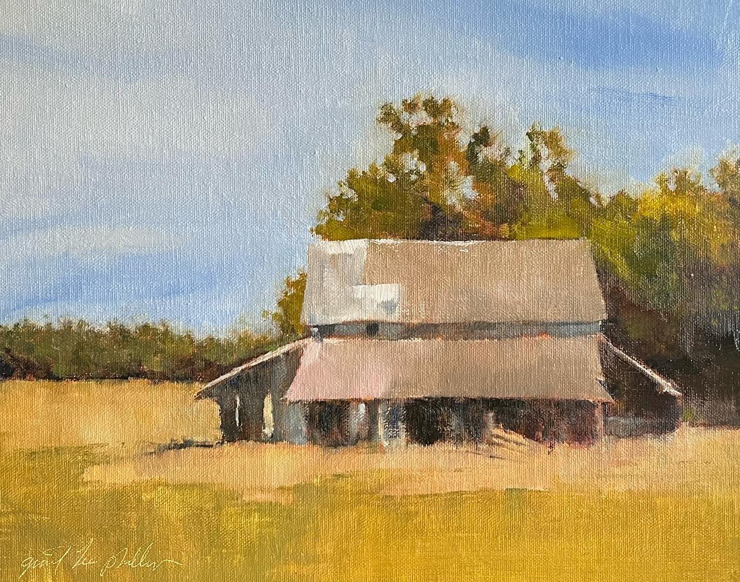 Sacramento Valley. A recent oil based on a photo that I shot along the highway in September. Parched earth, hazy skies made for soft muted tones. Teetering, weathered  structures like this are common here. It&rsquo;s a part of California that I conne