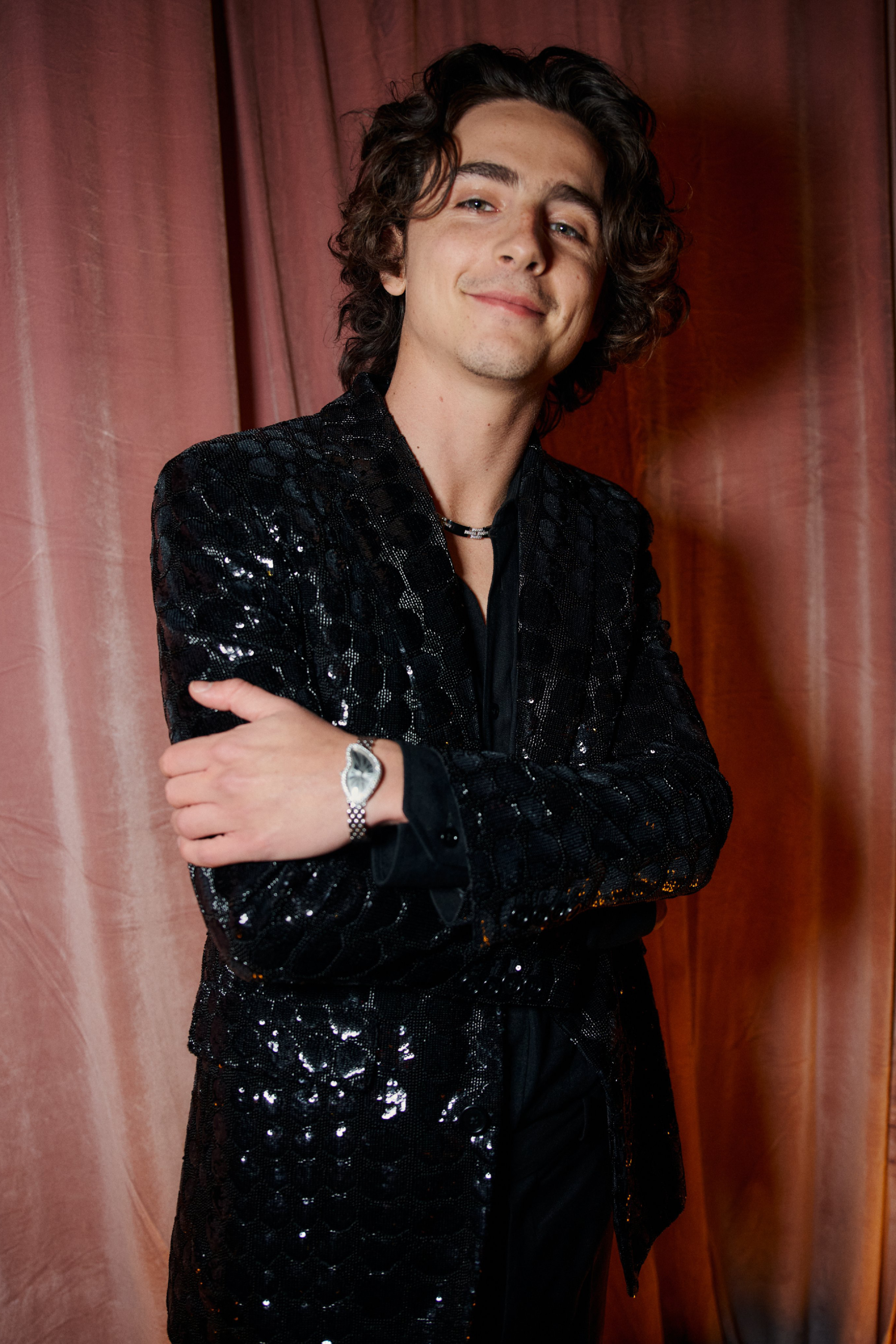 A portrait captures Timothée Chalamet posing in a black sequined blazer paired with a dark-colored shirt.