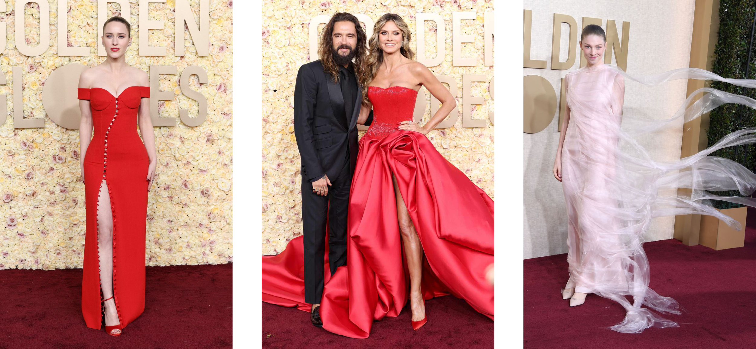 A display of three red-carpet images featuring a sleek, structured red gown, a flowing sheer layered gown, and a man in a black suit.