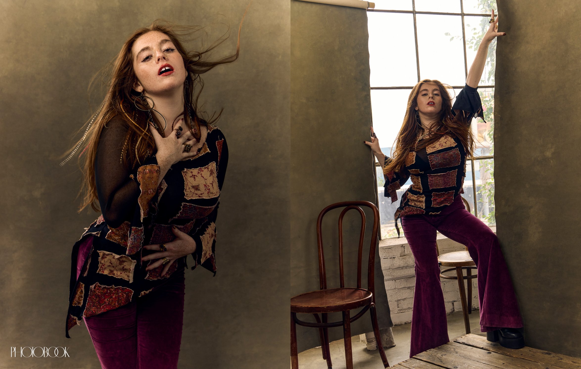 Vella is wearing patchwork top with bell bottoms.