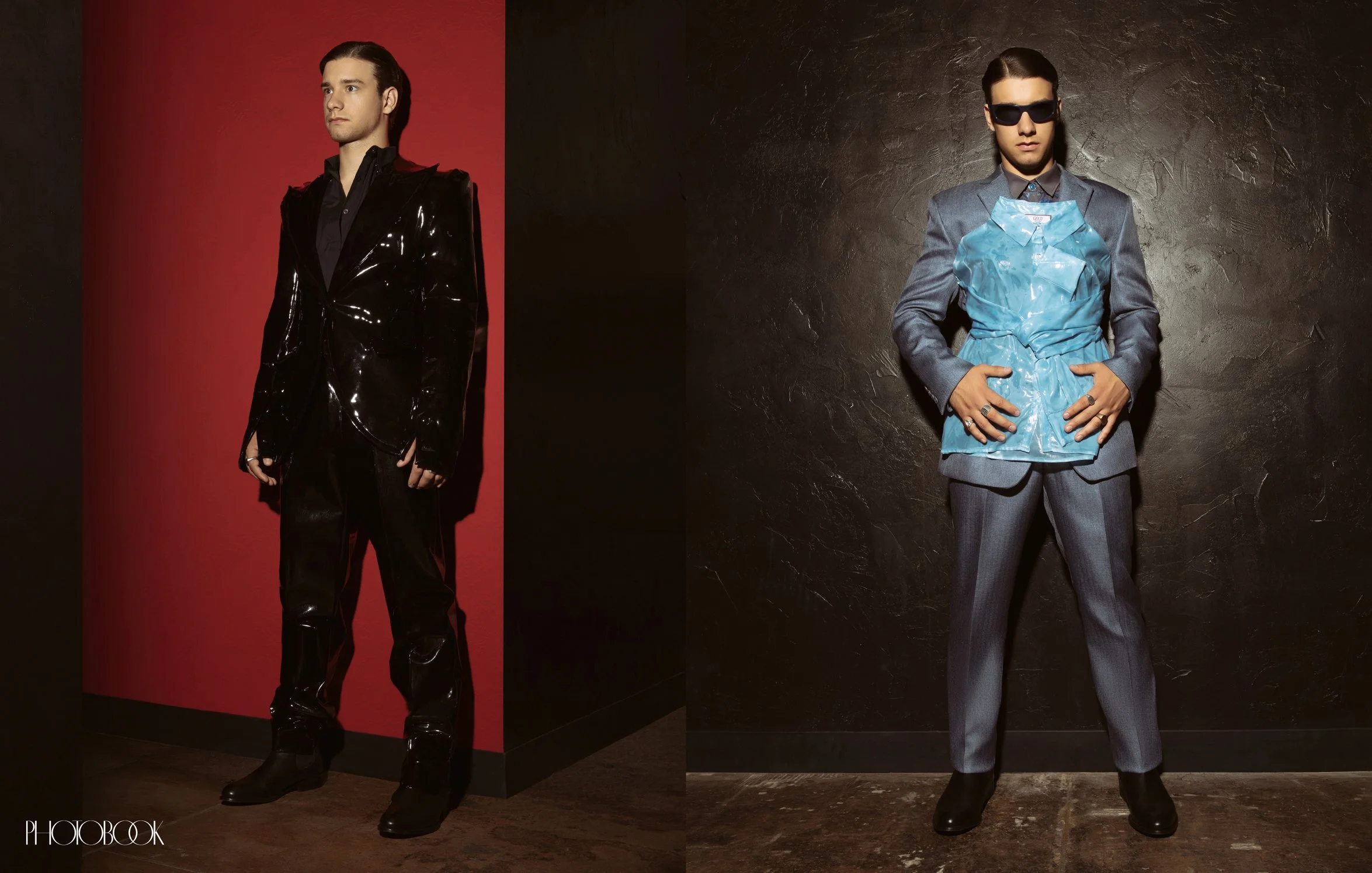 A two-panel image features a model in two different looks: a black tailored glossy suit on the left and a blue suit layered with a vest on the right.