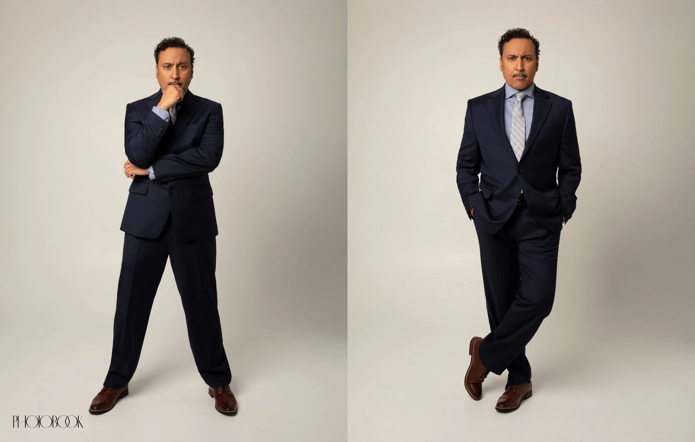 Aasif Mandvi is posed in two ways: one stance has his hand resting on his chin, while the other shows him with his hands in his pockets and his legs crossed.