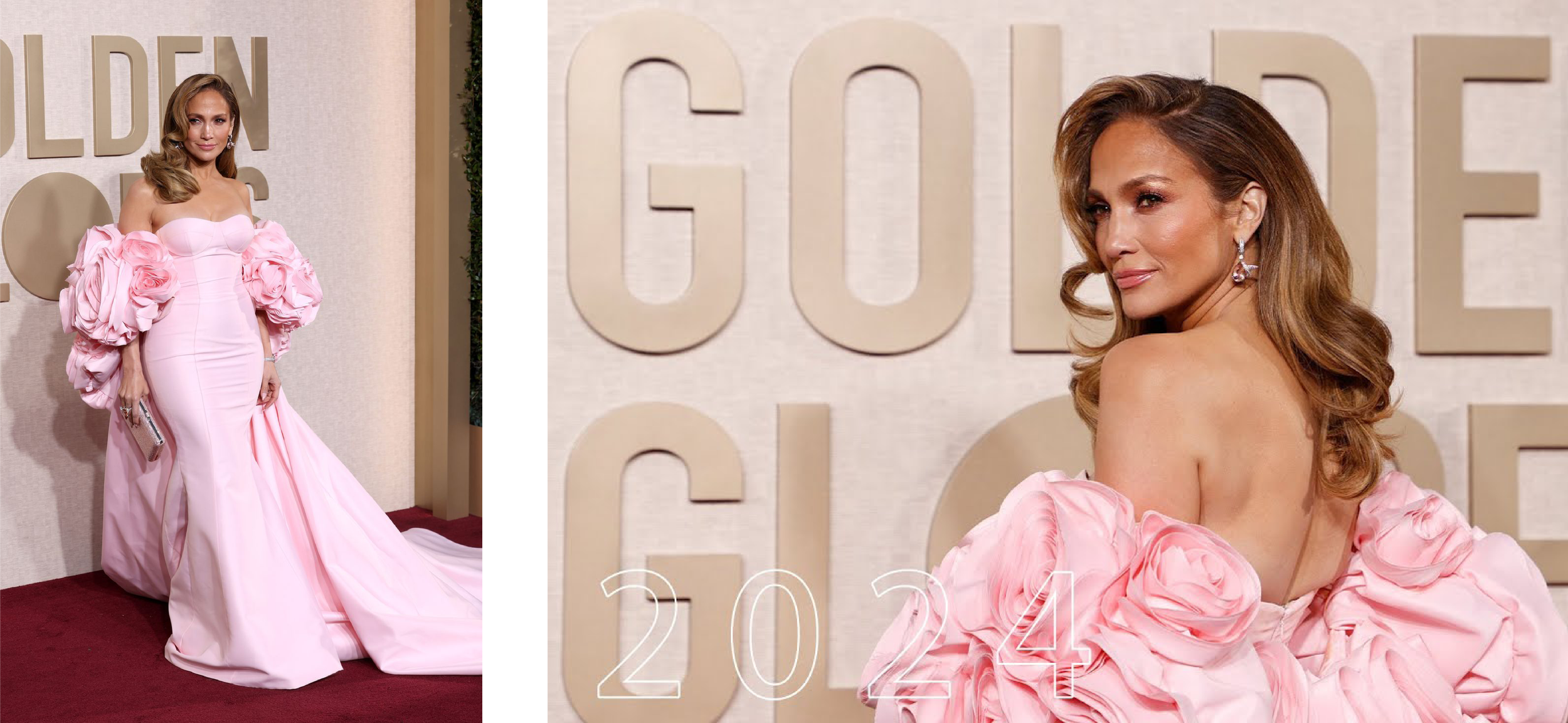 A two-image layout features a woman in a light pink fitted gown accented with oversized floral sleeves.