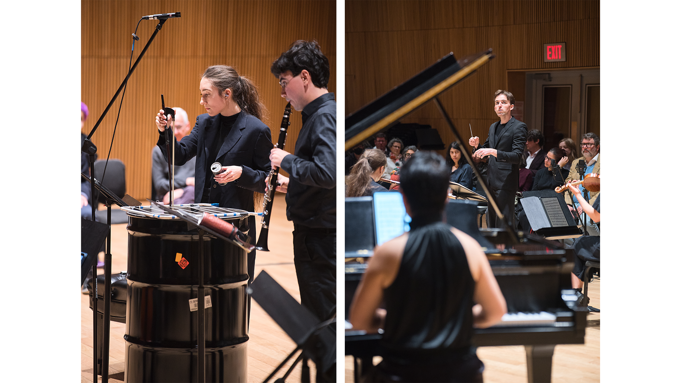 Clarinet player and violinist left. Conductor right.