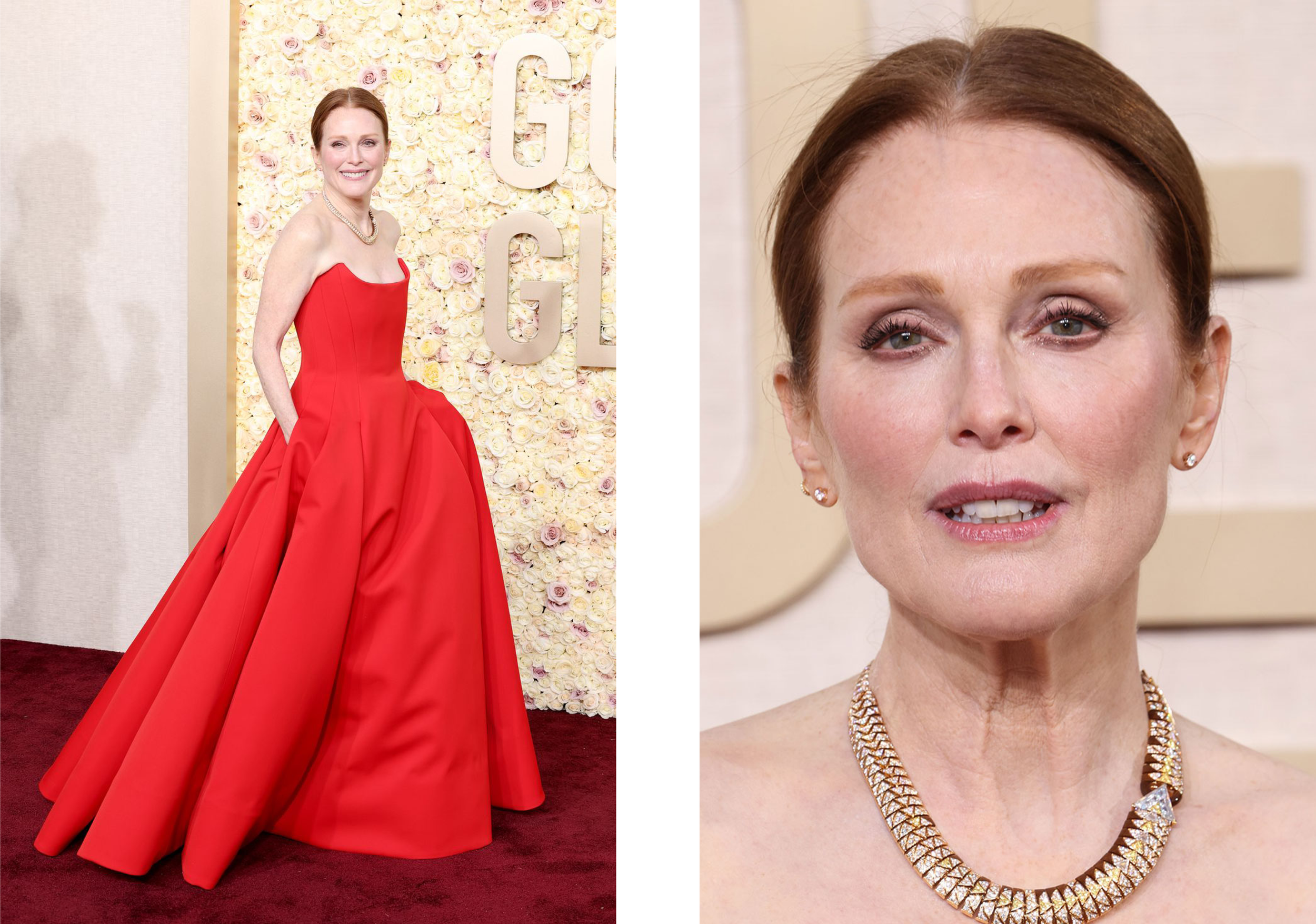 A two-image layout showcases Julianne Moore posing on the red carpet in a red strapless gown alongside a close-up highlighting her necklace and stud earrings.