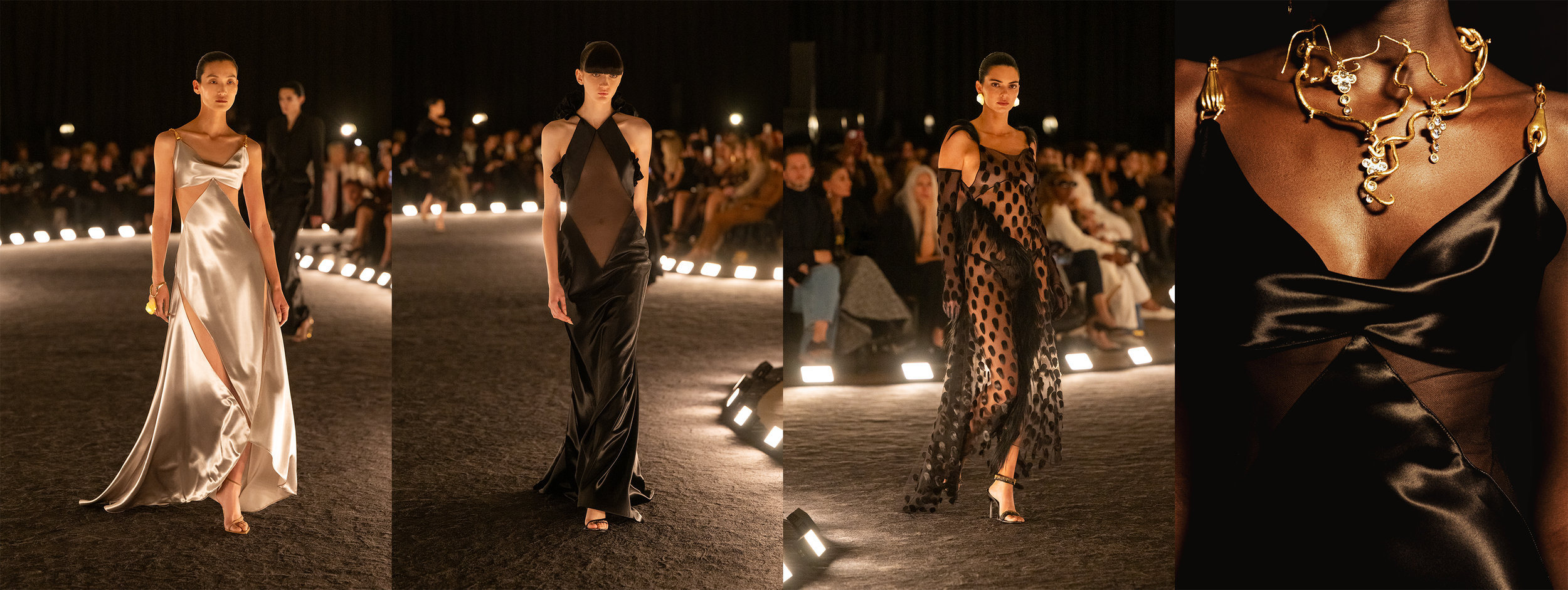 Schiaparelli gold and black dresses on models.