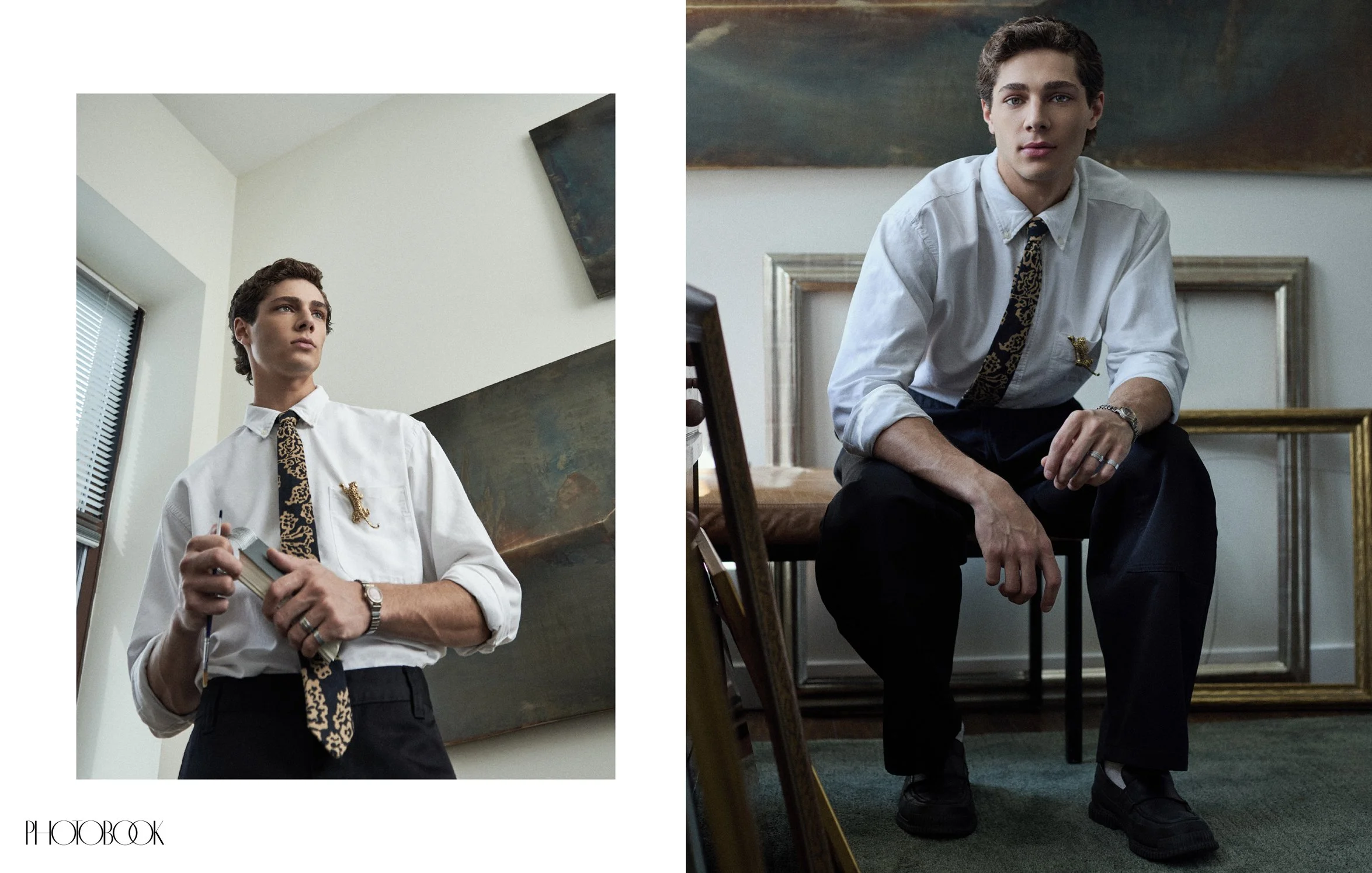 Two different photos show the model wearing a white collared shirt and black pants.