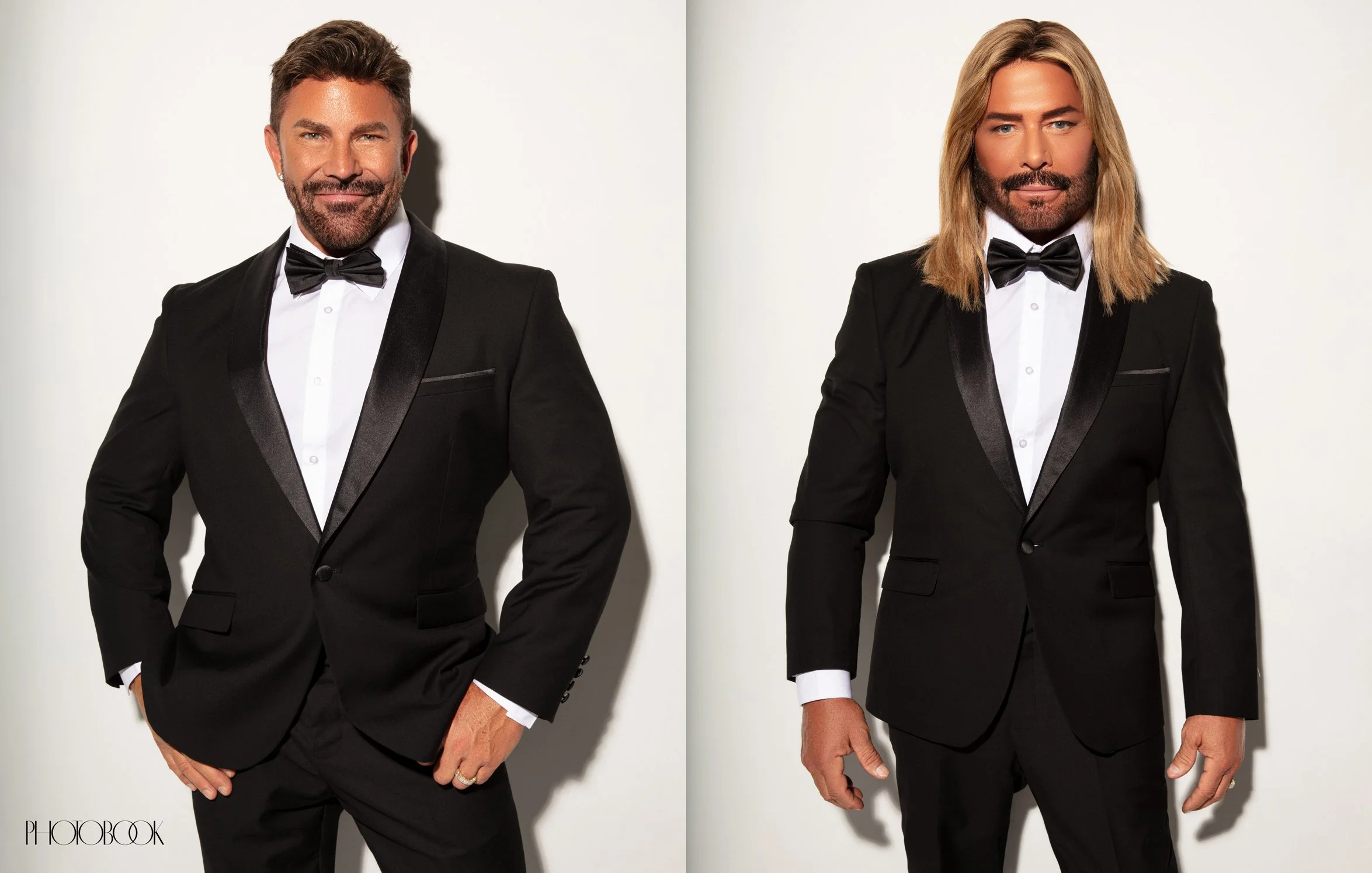 A two-panel portrait featuring two individuals in black tuxedos with matching black bow ties, with the person on the left smiling at the camera.