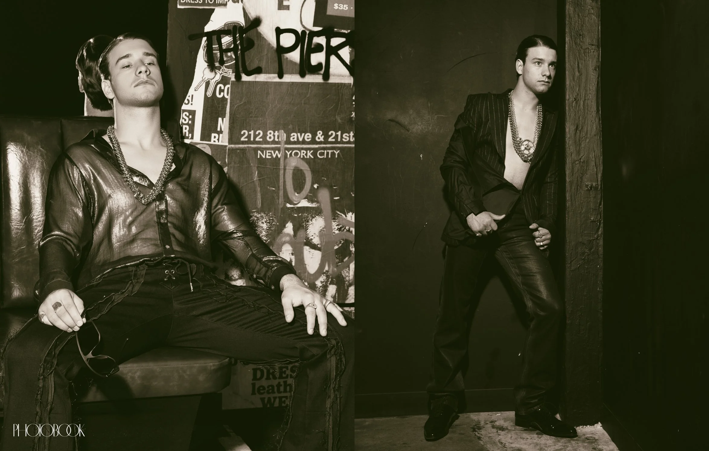 A two-panel image features a model in a black shirt and layered chains on the left, and a black pinstriped suit on the right.