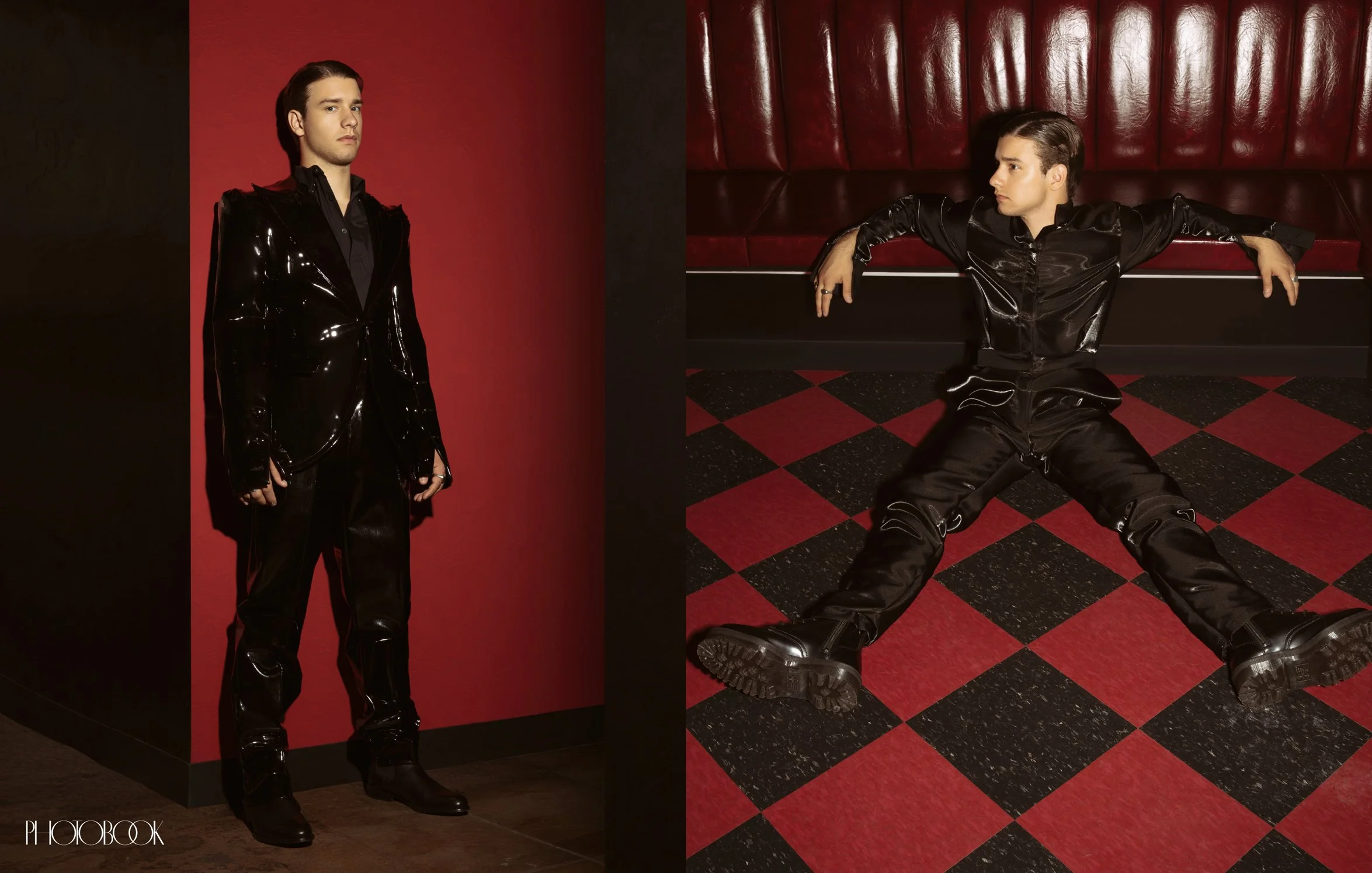 A two-panel image features a model styled in a glossy black suit and black boots.