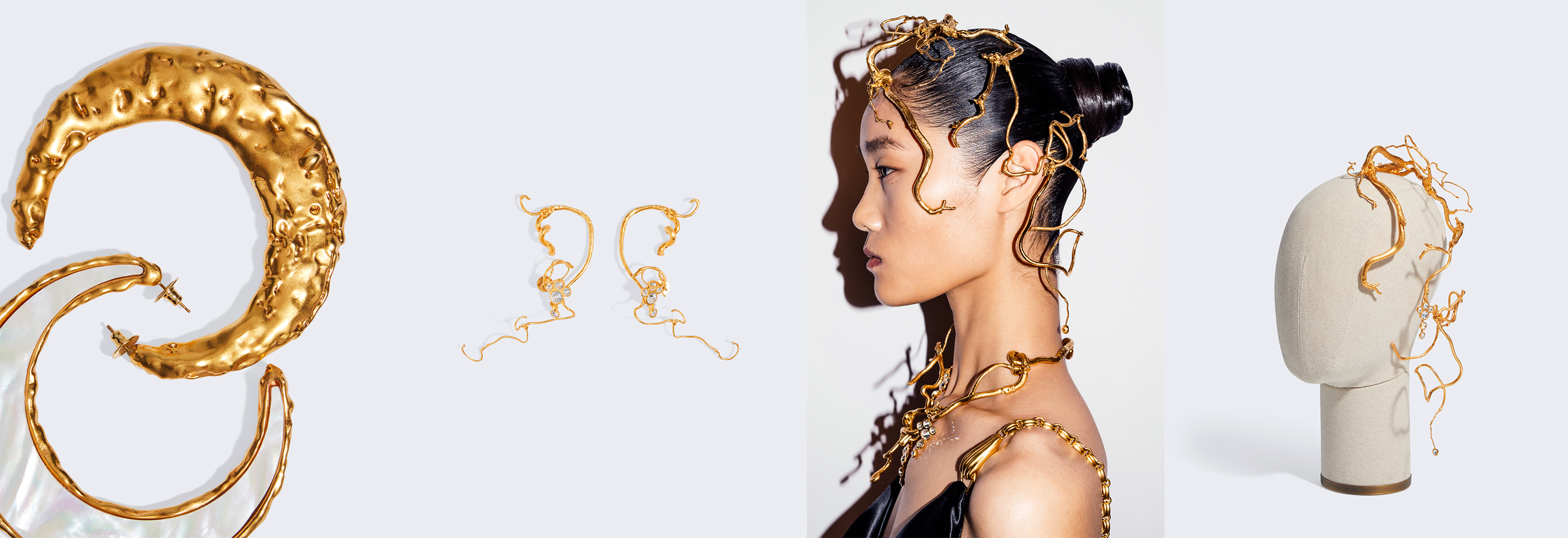 Schiaparelli gold jewelry on mannequin and model.