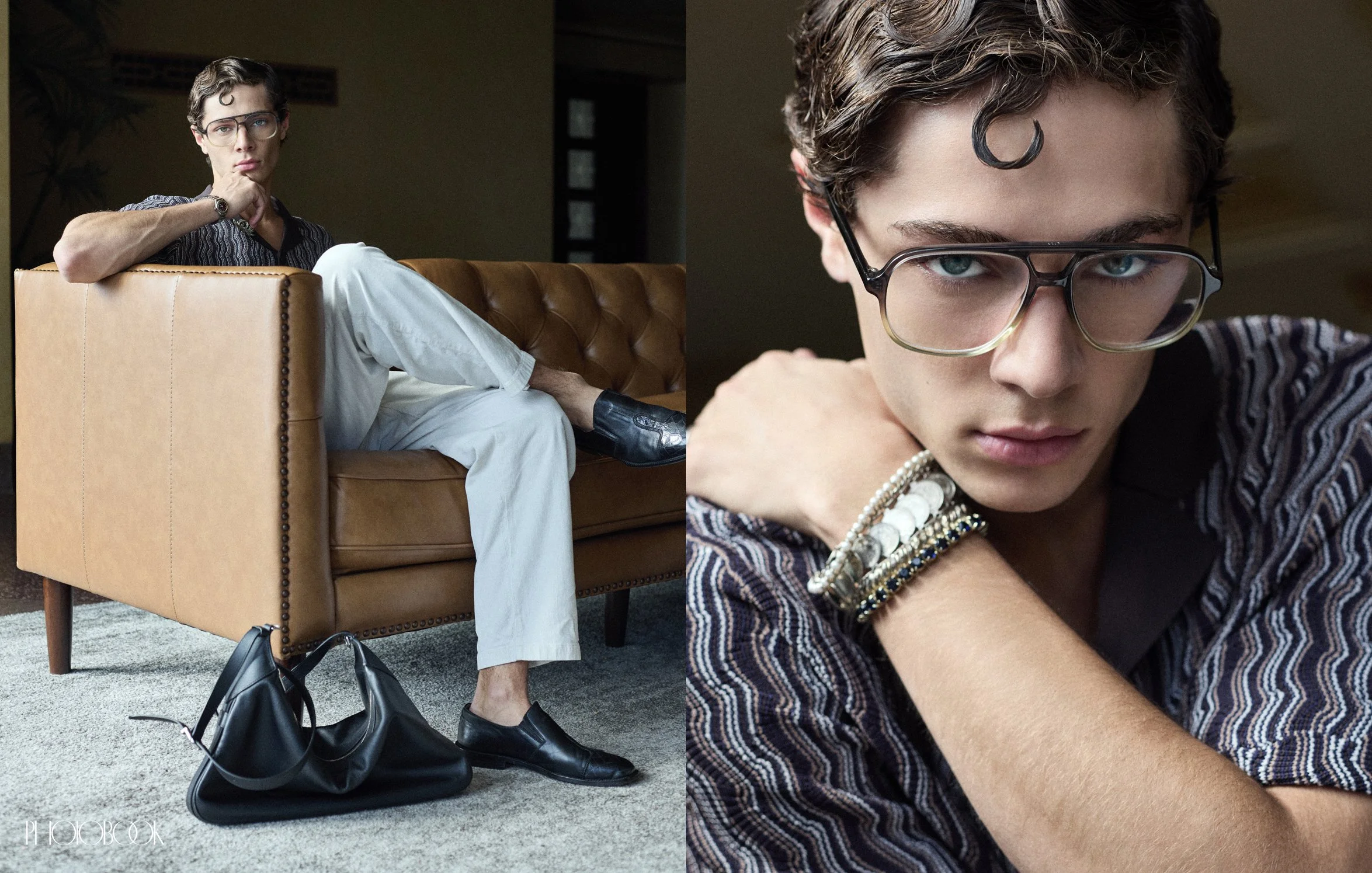 One photo shows the model sitting while wearing black shoes, with a black leather bag placed nearby, while the other shows the model with their hand resting on them; both photos include glasses.