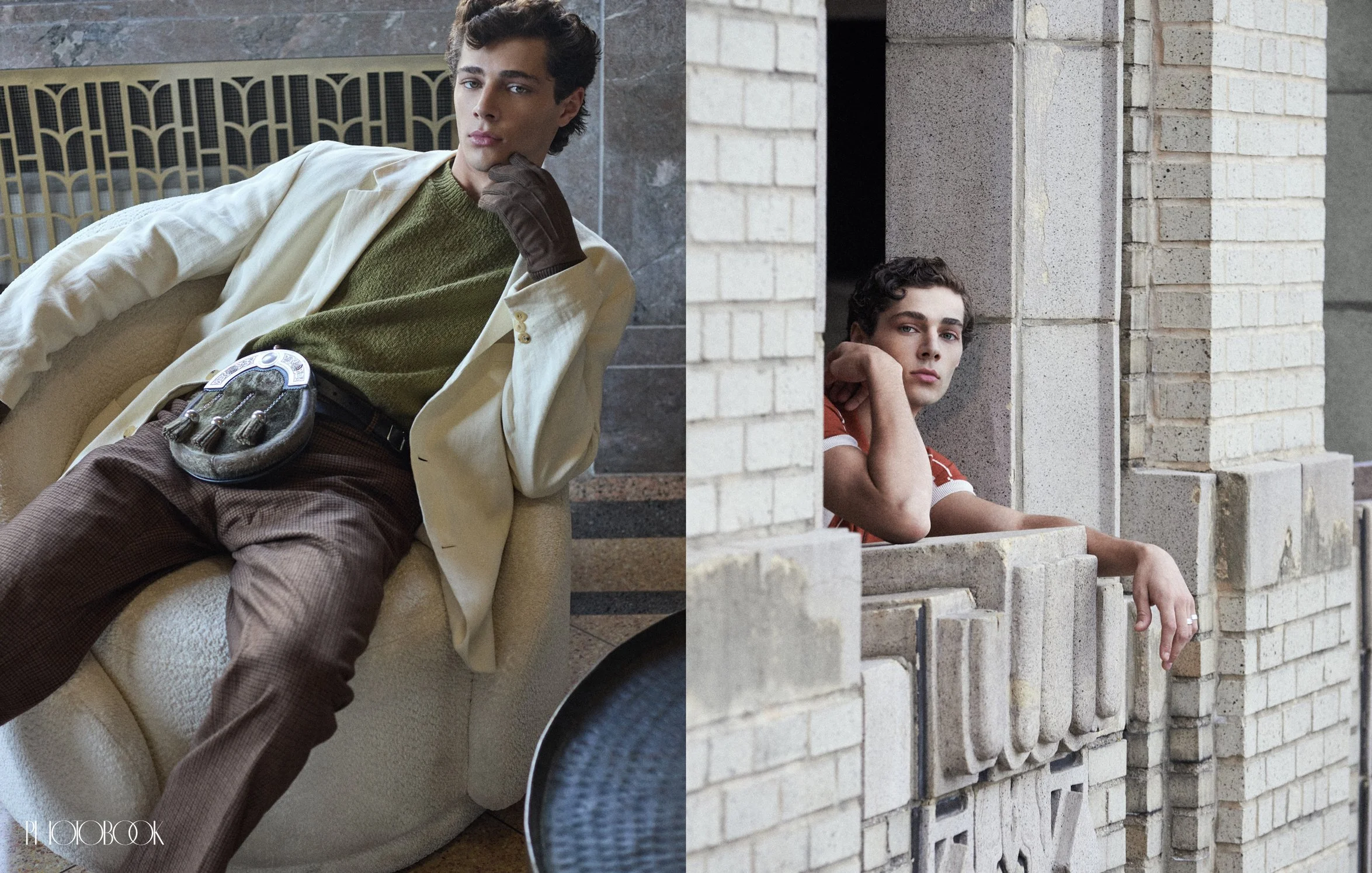 The left photo shows a model sitting down wearing a large belt, while the right photo captures a model staring out a window.