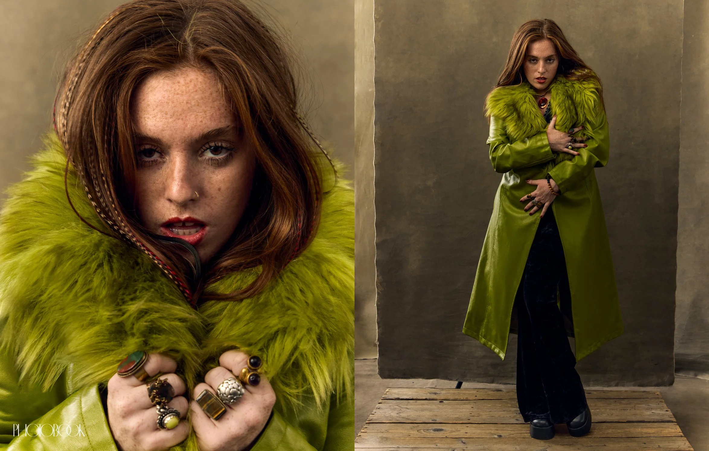Vella is wearing faux fur green coat.