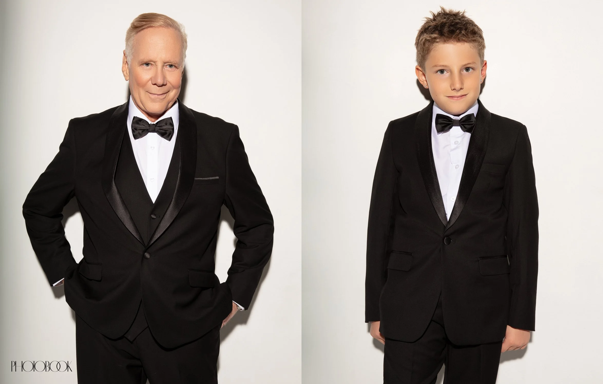 A two-panel image of an older individual on the left wearing a black tuxedo and on the left is a younger individual wearing a black tuxedo.
