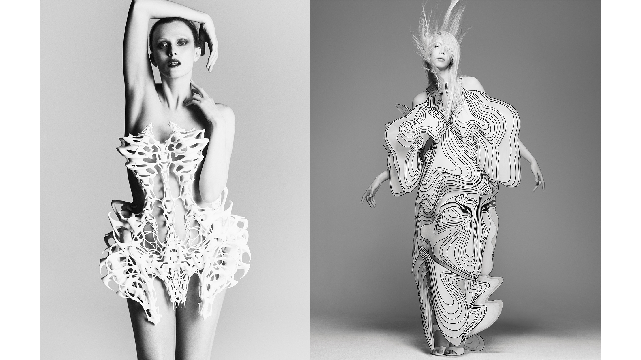 Black and white images of Van Herpen designs.
