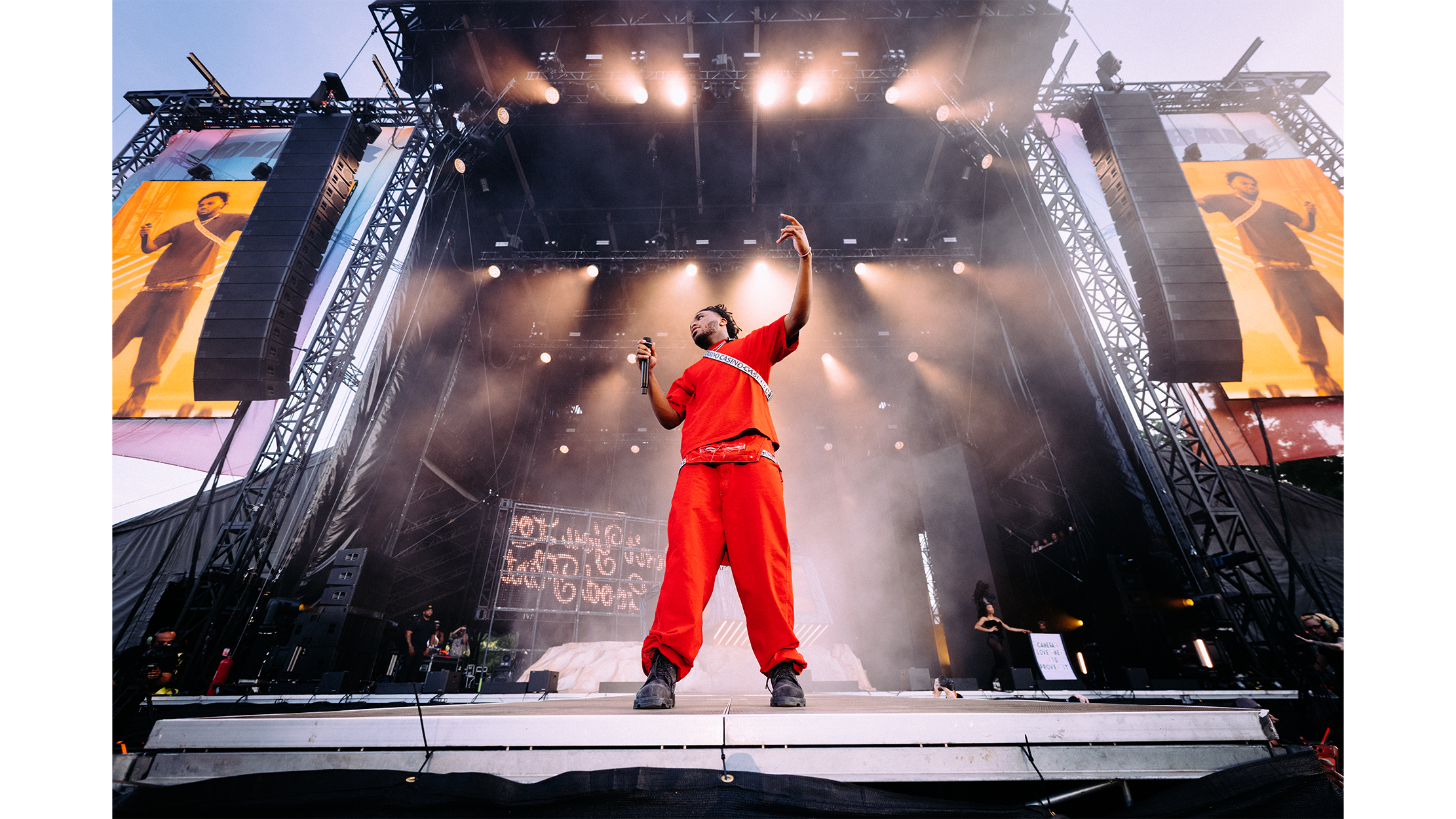 Baby Keem wearing red at Governors Ball.