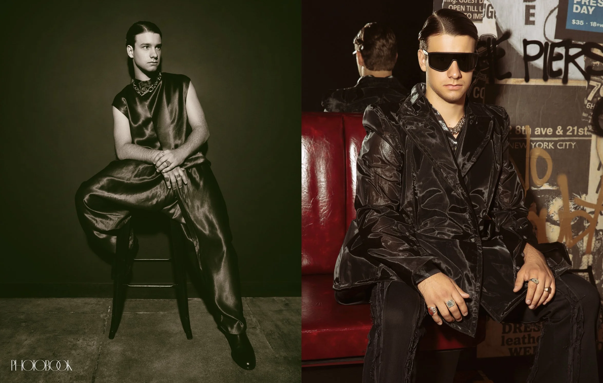 A two-panel image features a model in two looks: a sleeveless satin outfit on the left and a oversized jacket on the right.
