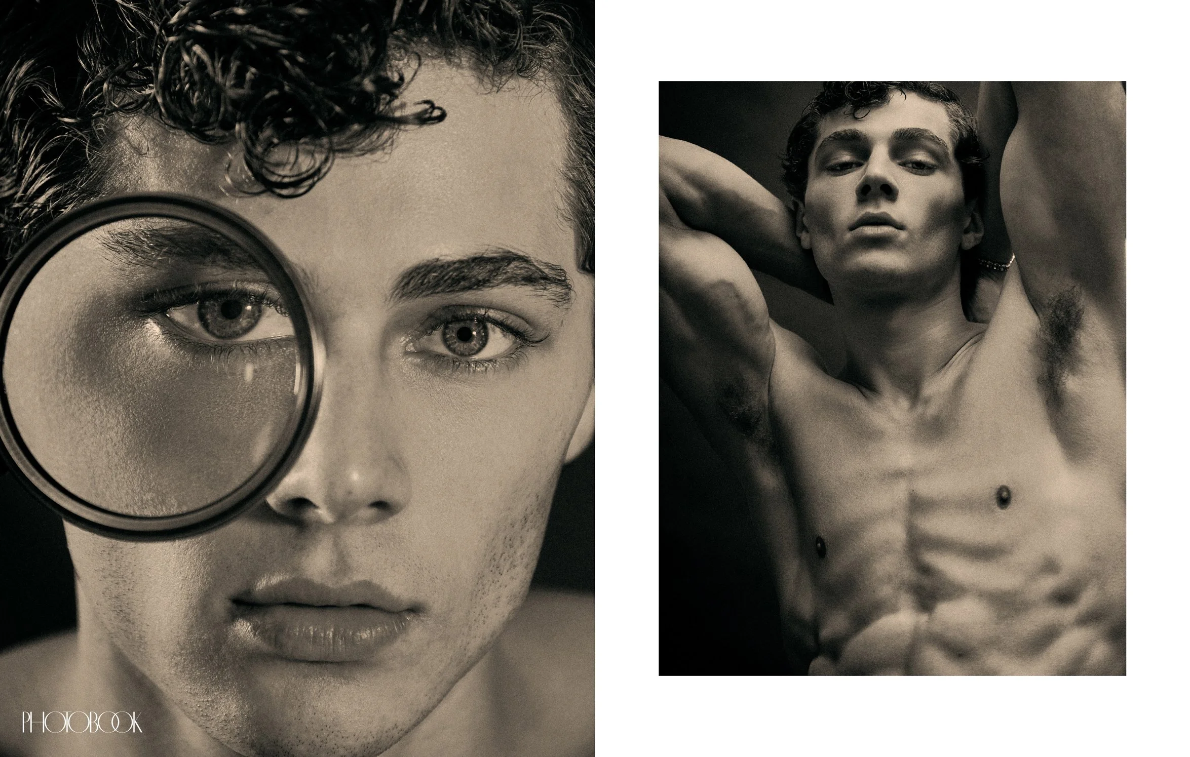 One photo focuses on the eyes viewed through a microscope, while the other shows the model posing with his hand behind his head.