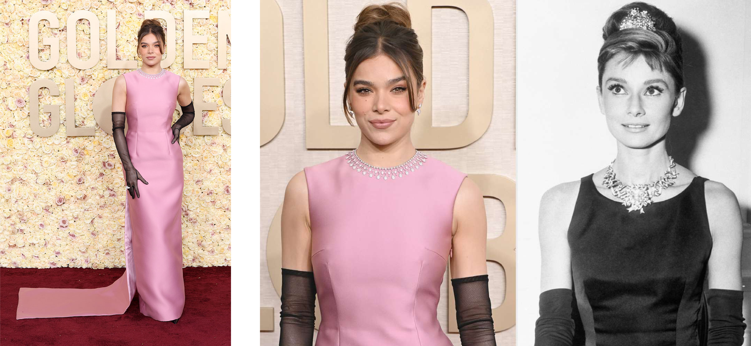 A three-image layout showcases two red-carpet images of Hailee Steinfeld posing in a sleek pink gown styled with long black sheer gloves, alongside a portrait of Audrey Hepburn.