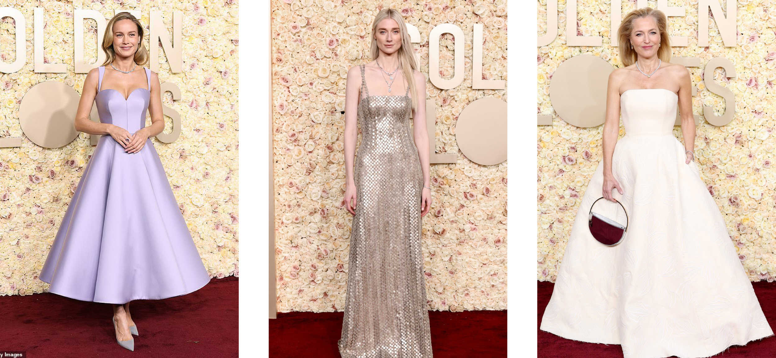 A three-image layout showcases three different red-carpet looks: a structured lavender midi gown, a metallic column gown, and a strapless white ball gown.