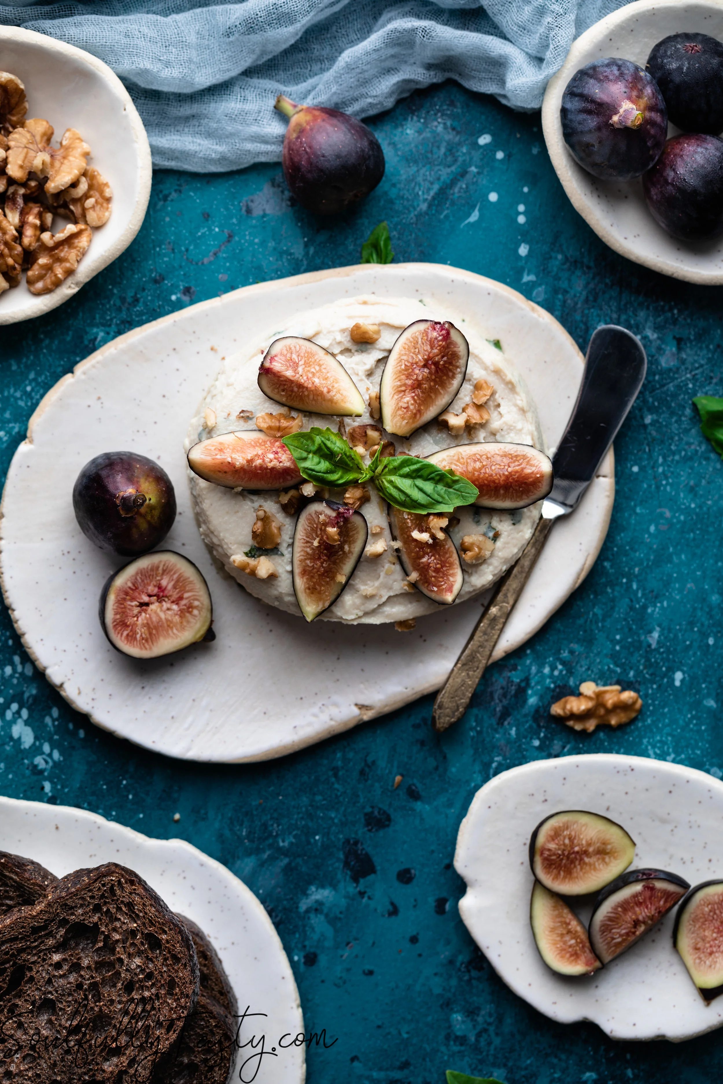 Raw Vegan Basil Cashew Cream Cheese with Figs, Walnuts and Toast