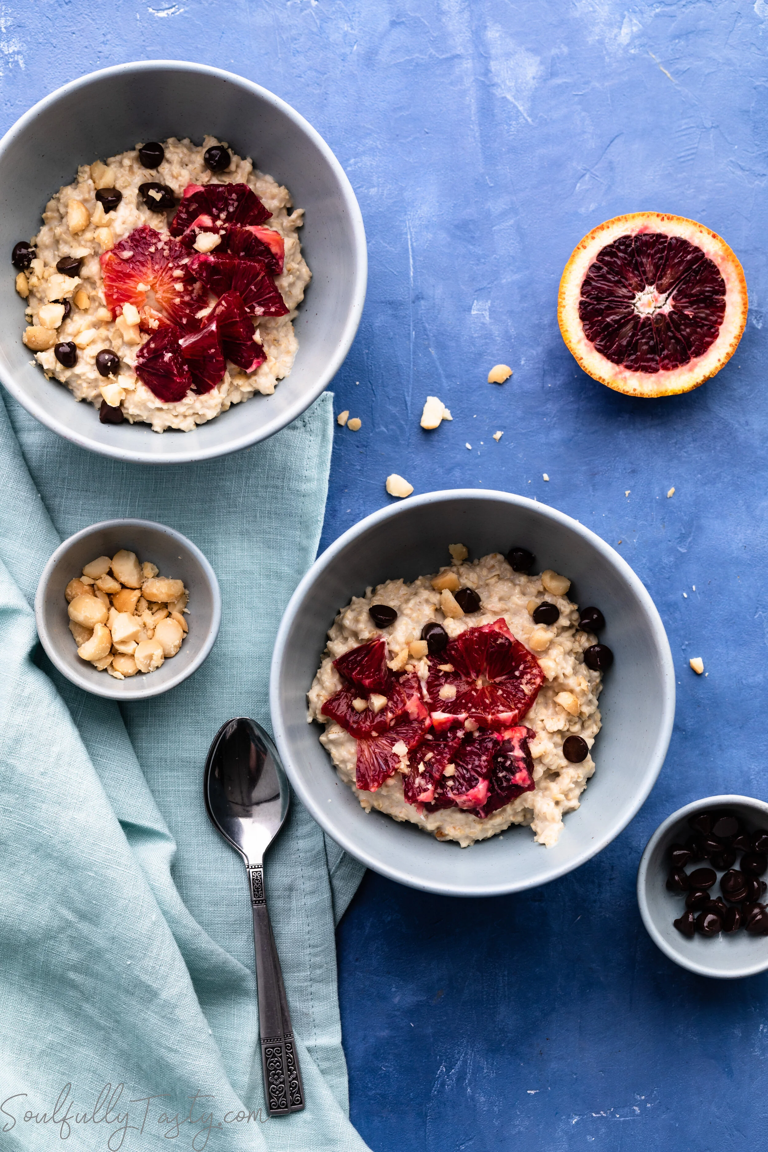 Vegan Breakfast Oatmeal Bowl with Macadamia Nuts, Blood Oranges &amp; Dark Chocolate Chips
