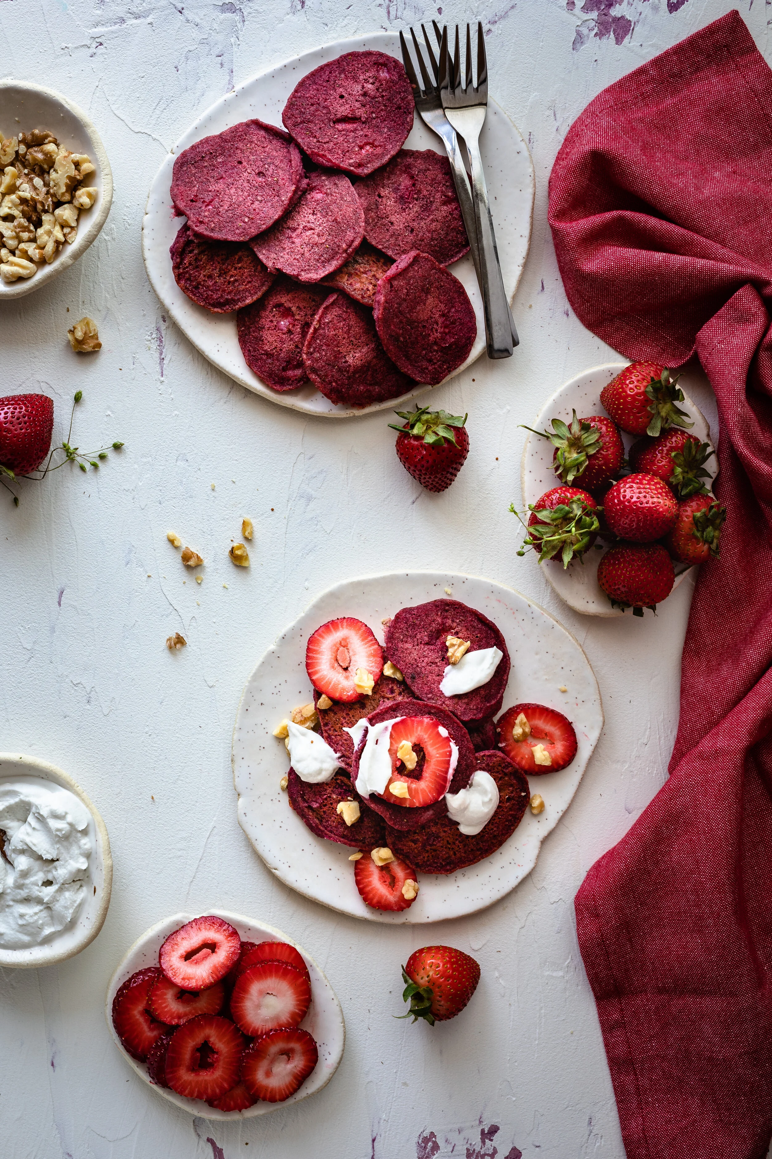 Vegan Strawberry Banana Mini Pancakes w/ Maple Coconut Cream