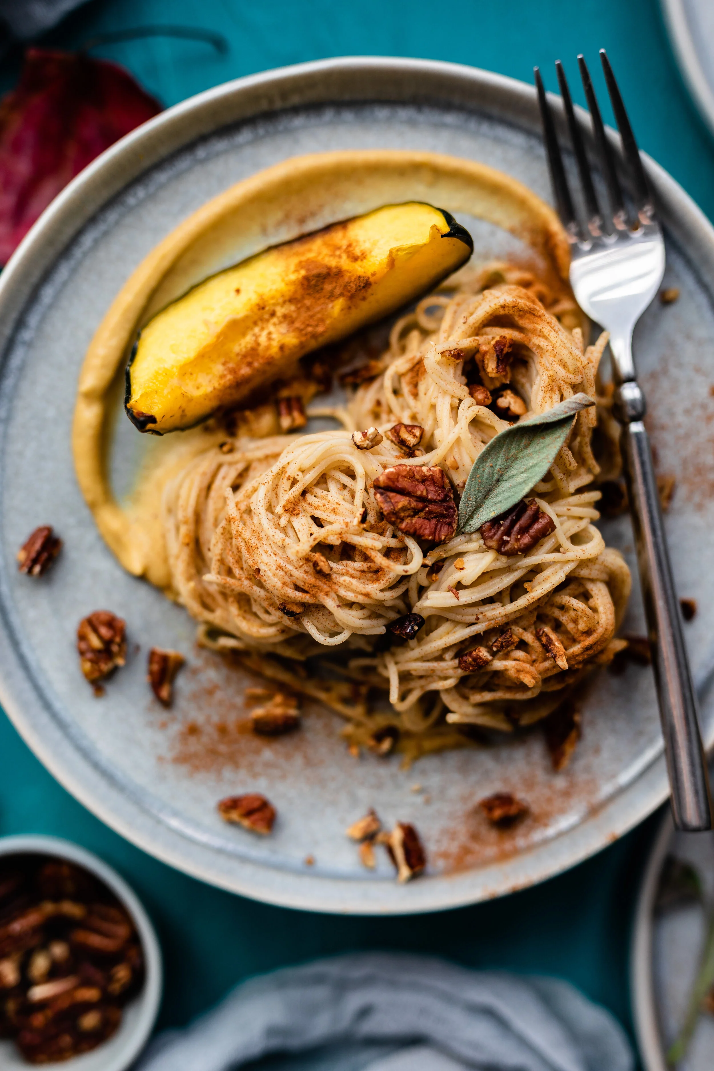 Roasted Acorn Squash, Sage &amp; Pecans Sauce with  Rice Noodles