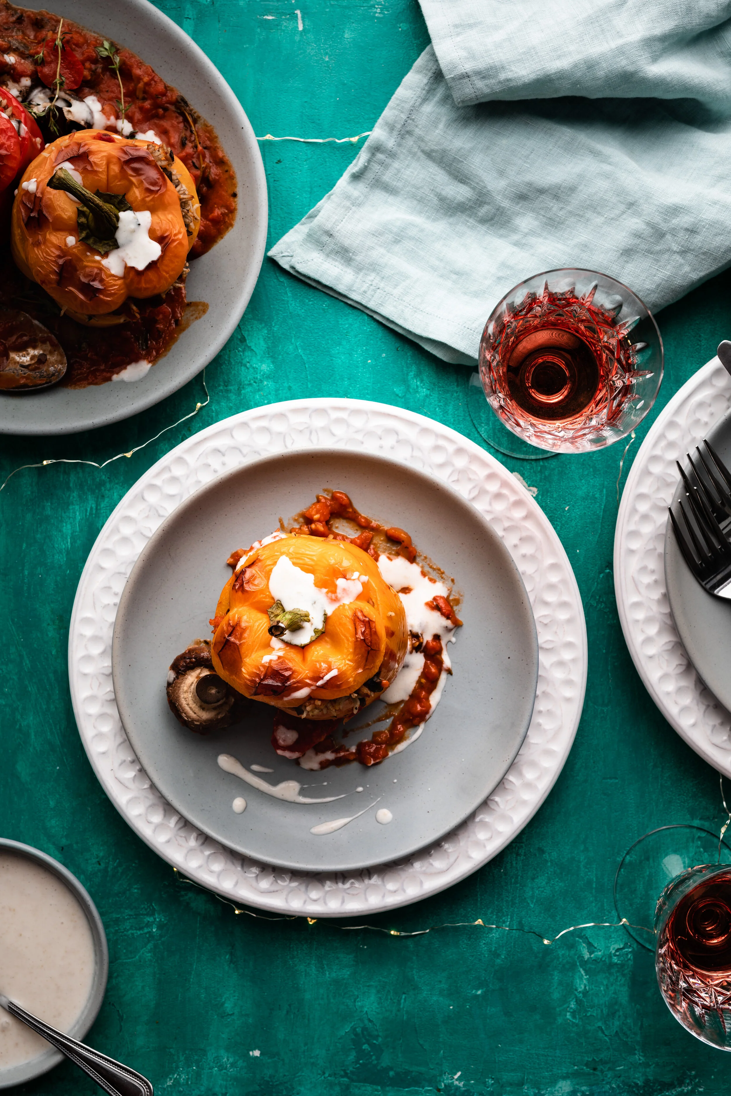 Mushroom Rice Stuffed Peppers w/ Tahini-Yogurt Sauce