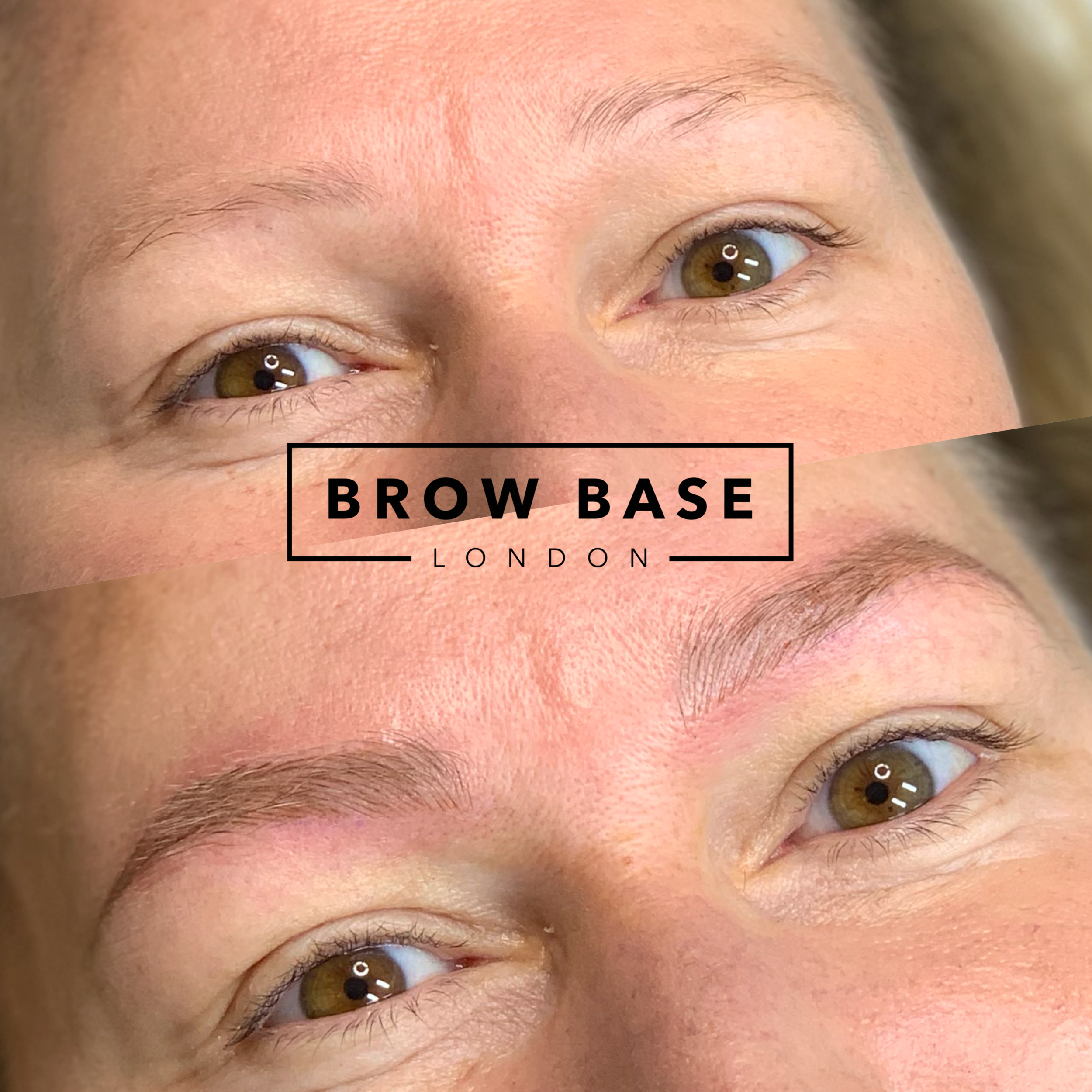 Close-up of a woman's face showing before and after eyebrow enhancement, with the logo 'Brow Base London' across the image.