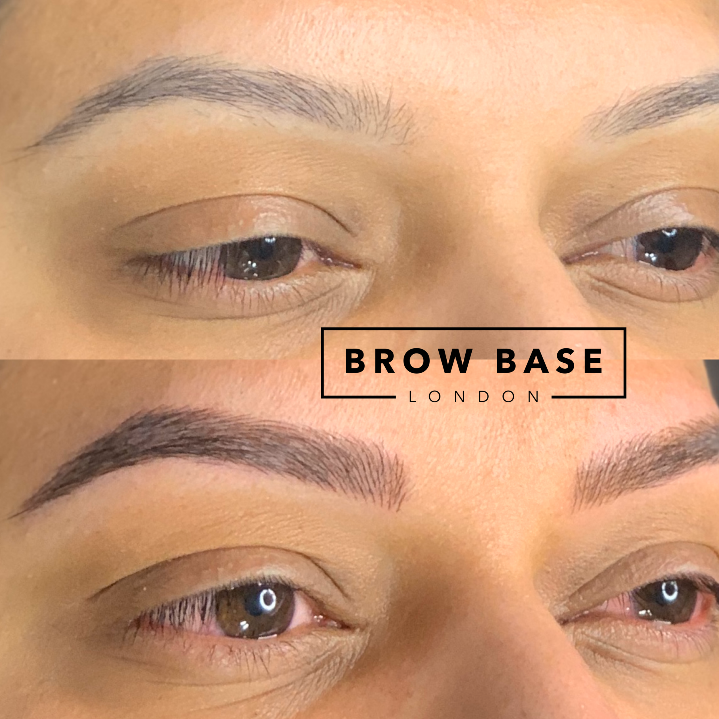 Close-up of a person's face showing before and after eyebrow arch enhancement, with a logo for Brow Base London in the center.