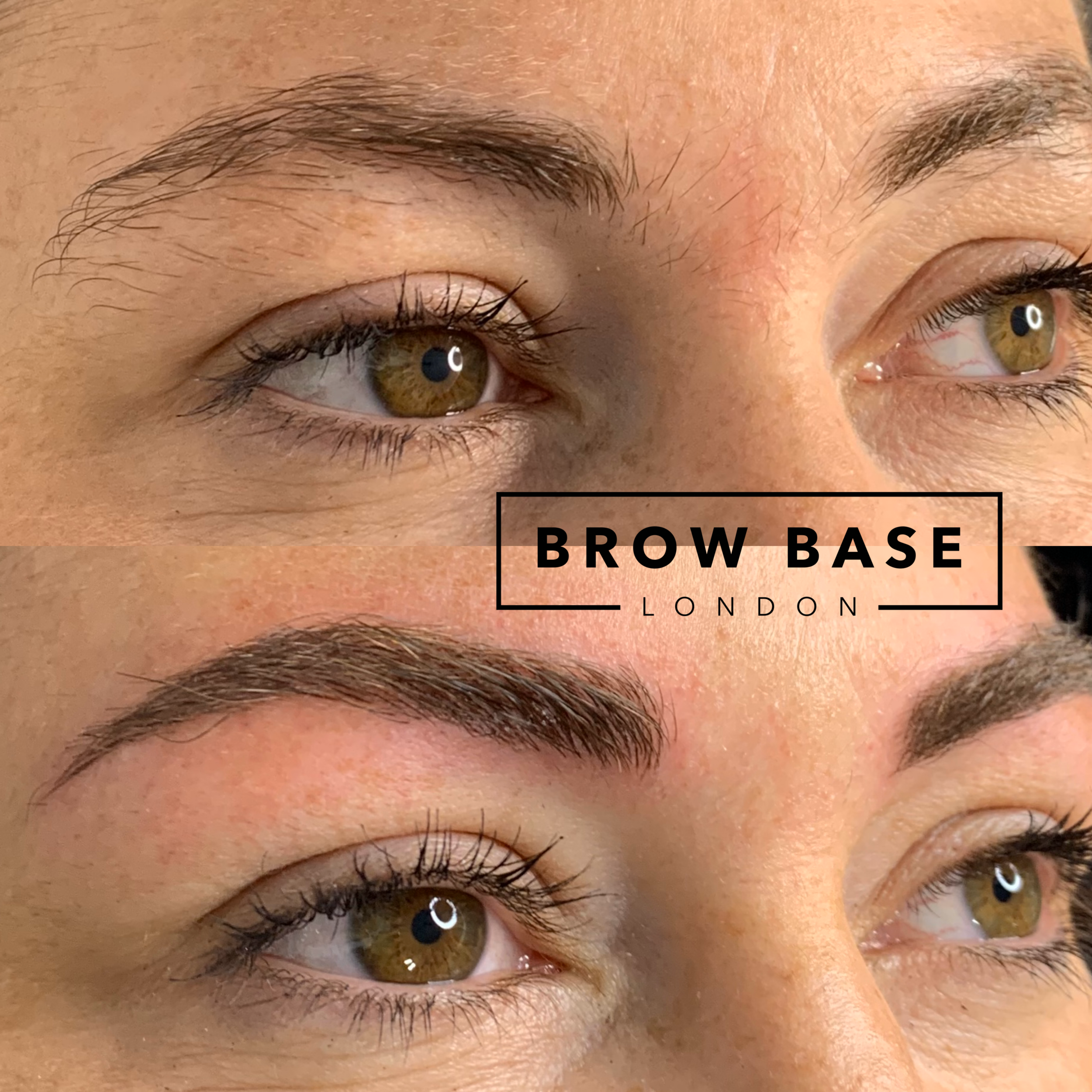 Close-up of a woman's eyebrows before and after microblading, showing improved fullness and shape, with the text 'Brow Base London' overlaid.