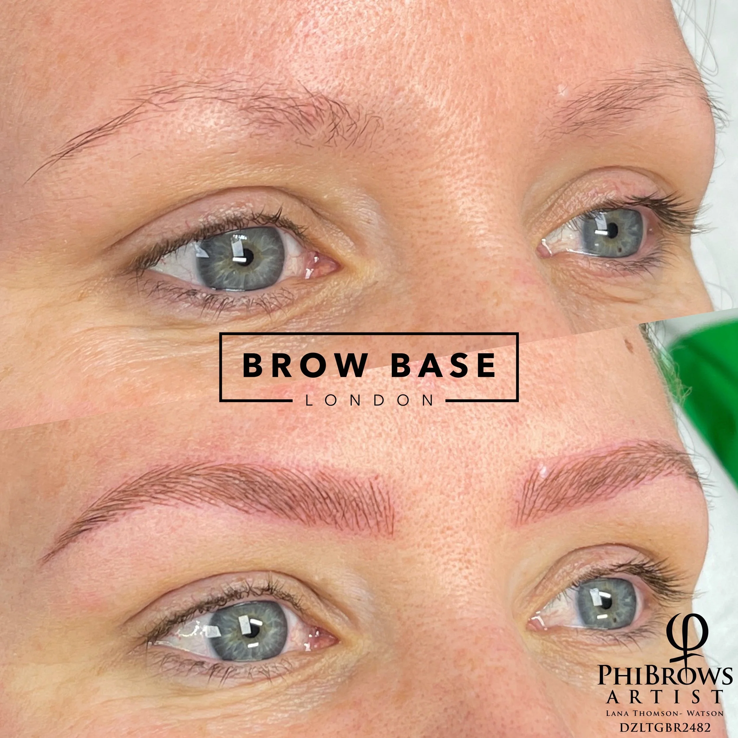 Comparison of before and after eyebrow enhancement, showing natural light eyebrows and defined, fuller eyebrows with makeup or microblading.