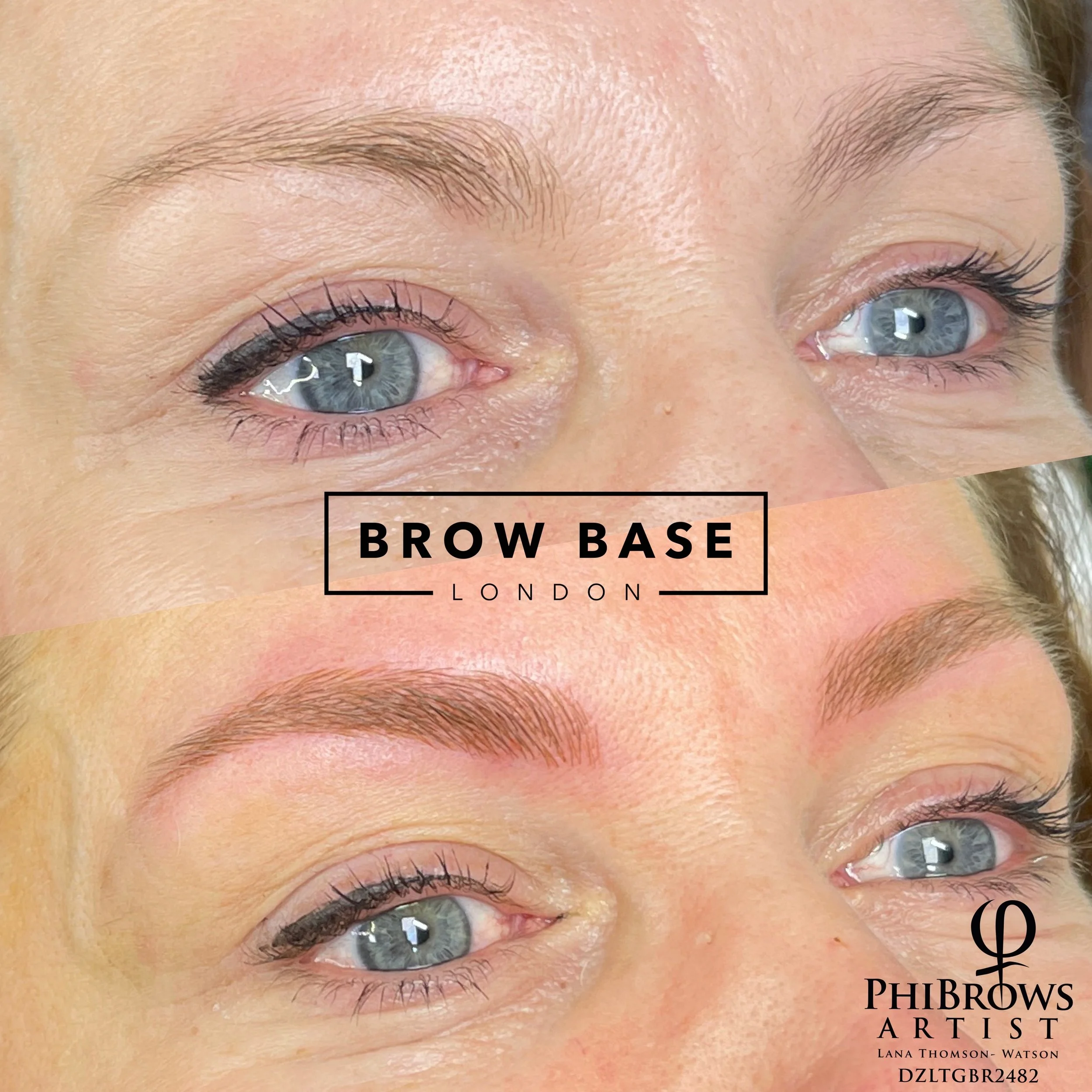 Before and after close-up images of a woman's eyebrows, showing the application of brow makeup. The top image shows natural, unenhanced eyebrows, while the bottom image displays well-defined, shaped, and filled-in eyebrows with a professional brow ar