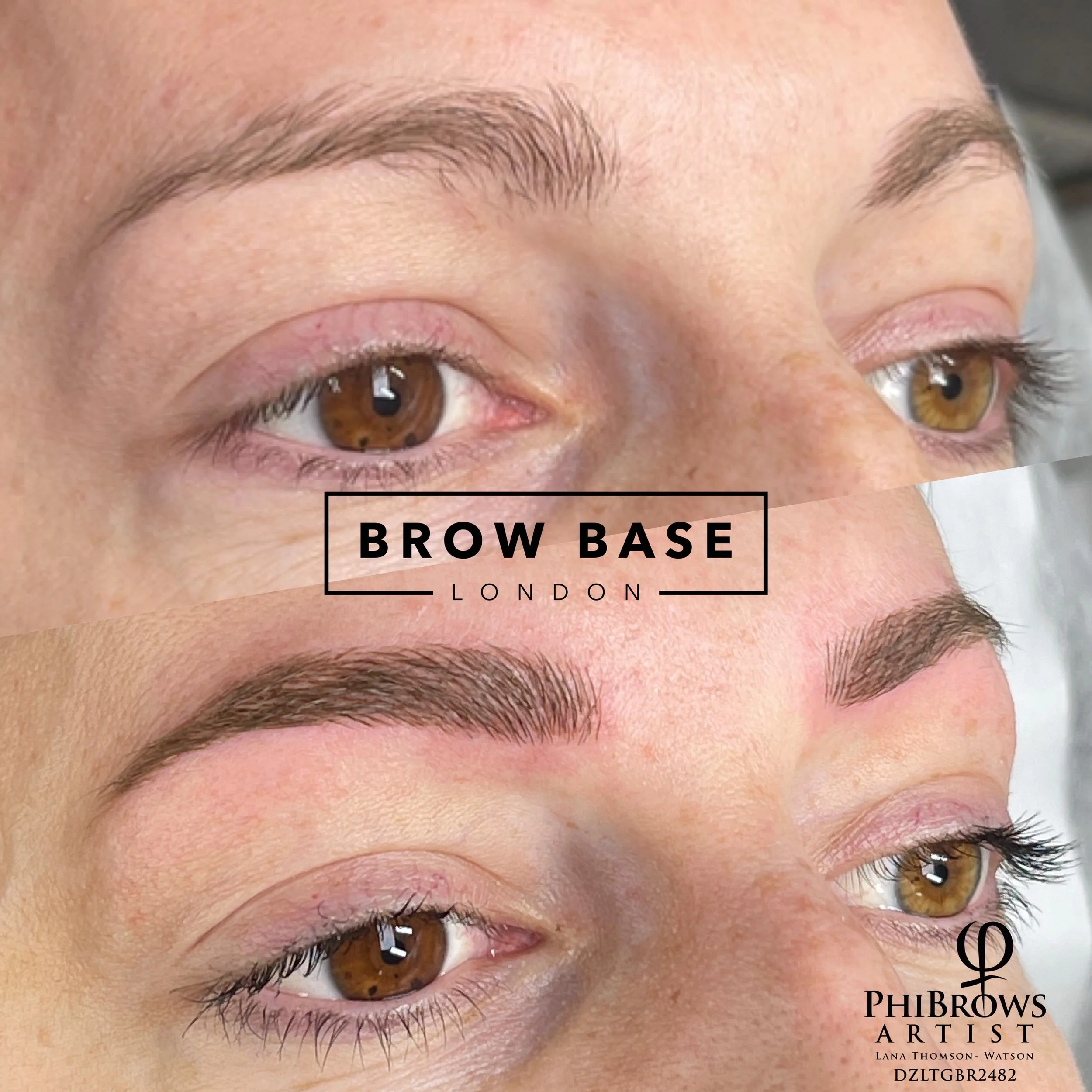Close-up of a woman's eyes and eyebrows before and after eyebrow microblading, showing improved, fuller eyebrows with a natural shape.
