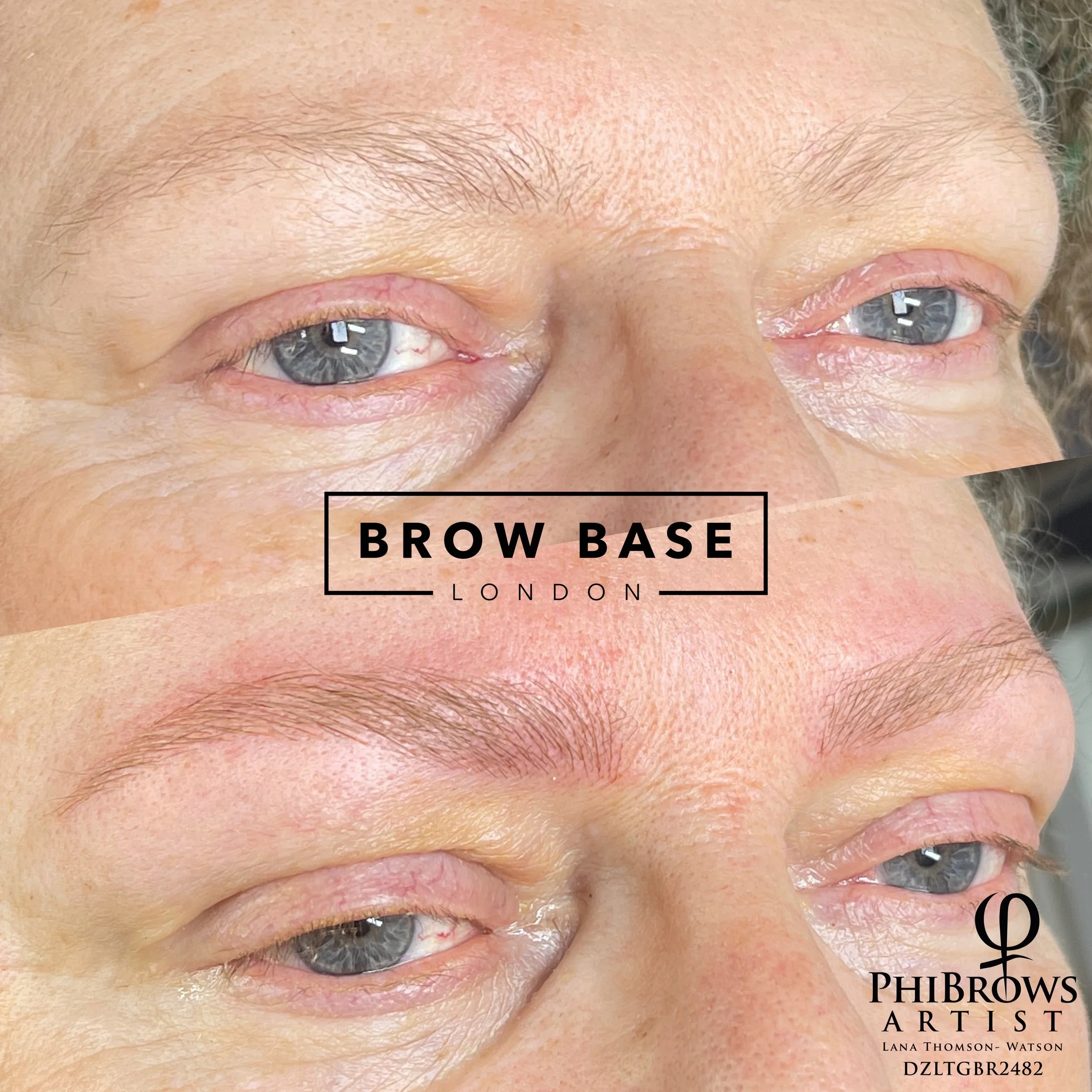 Close-up of a person's eyebrows before and after microblading, showing the eyebrow transformation by PhoiBrows Artist Lana Thomson-Watson.