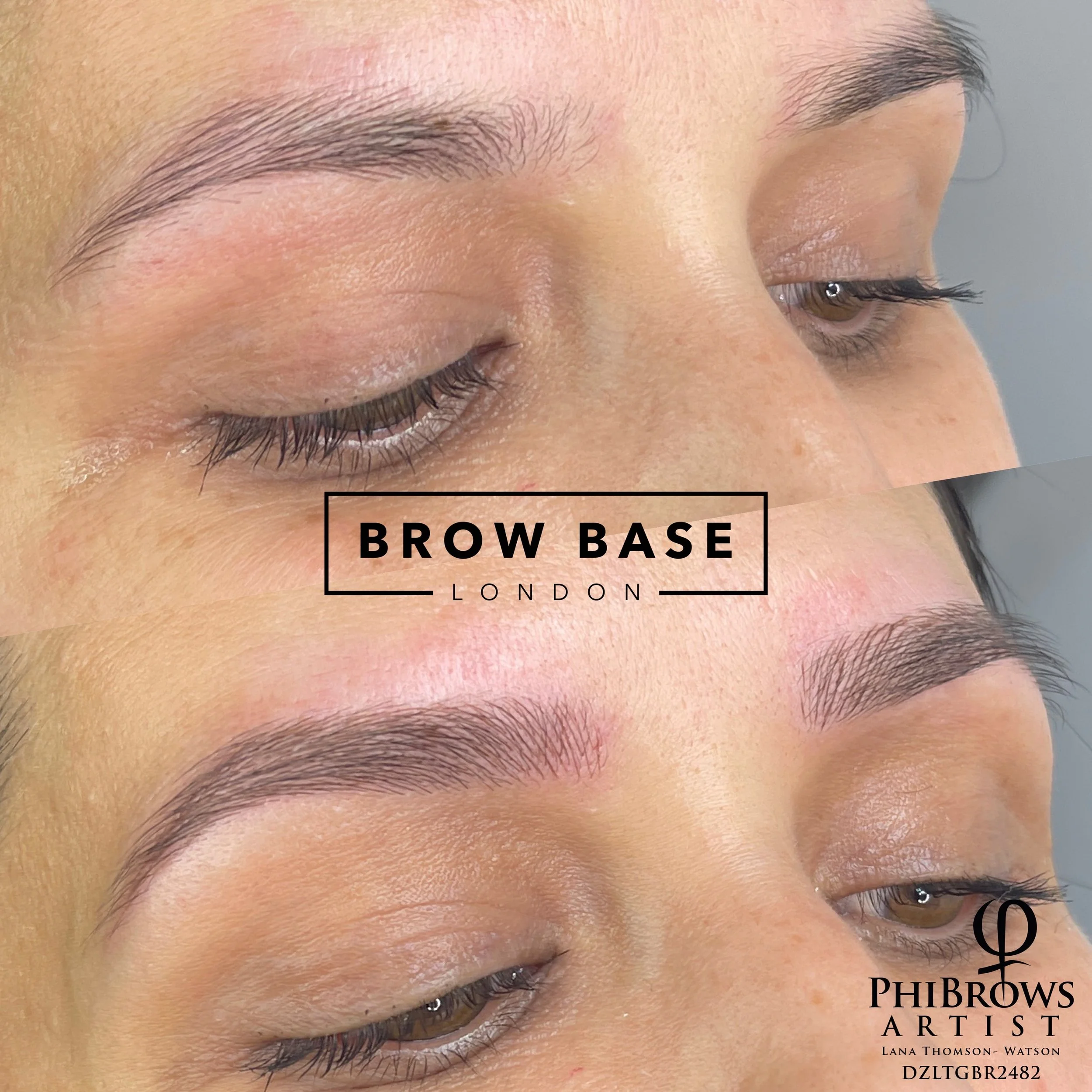A before and after comparison of a woman's eyebrows, showing the application of brow makeup. The before image shows sparse eyebrows, and the after image shows fuller, well-defined eyebrows with a natural shape. The logo for PhiBrows Artist Lana Thoms