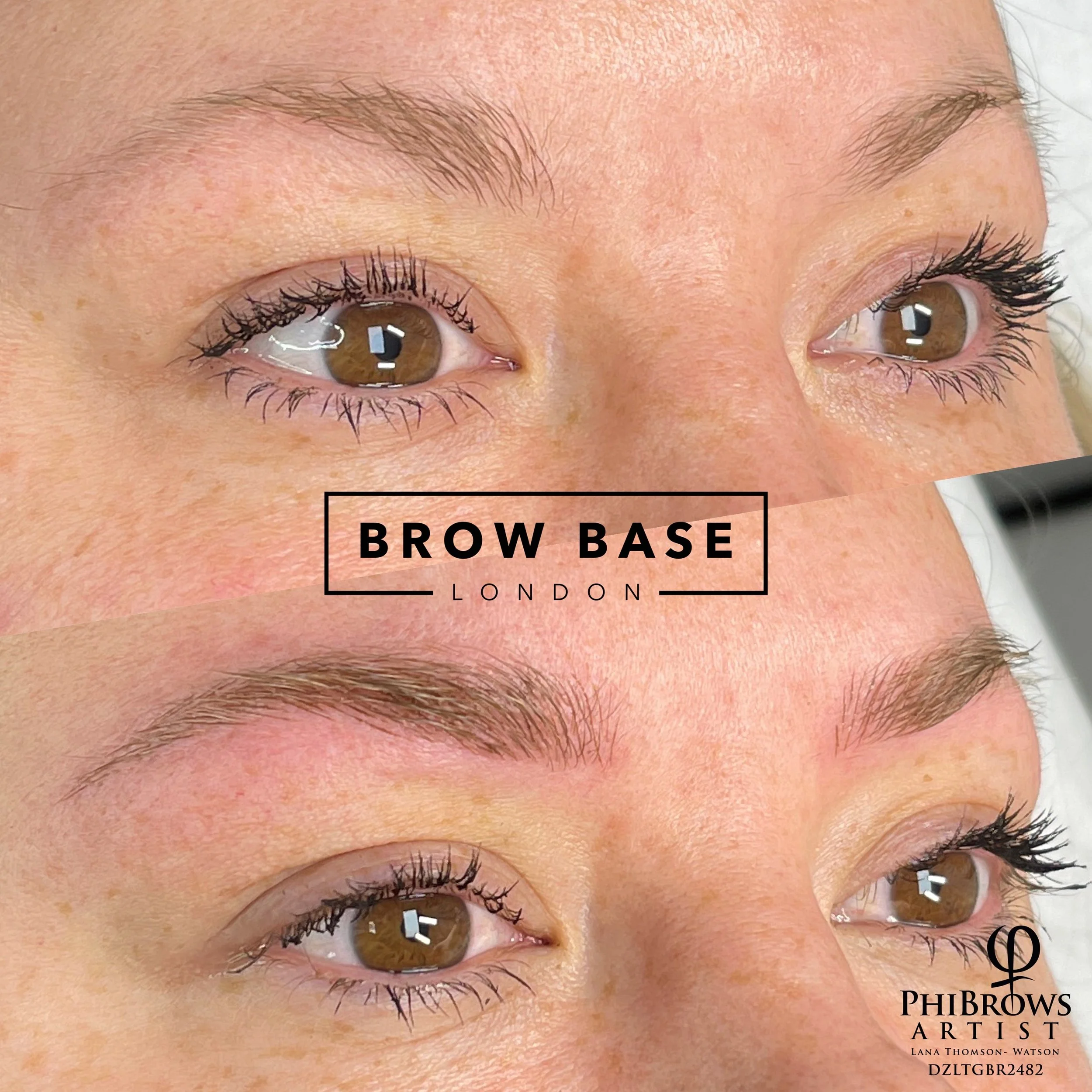 Close-up image of a person's eyebrows and eyes showing before and after eyebrow enhancement by PhiBrows London, with the logo at the bottom right corner.