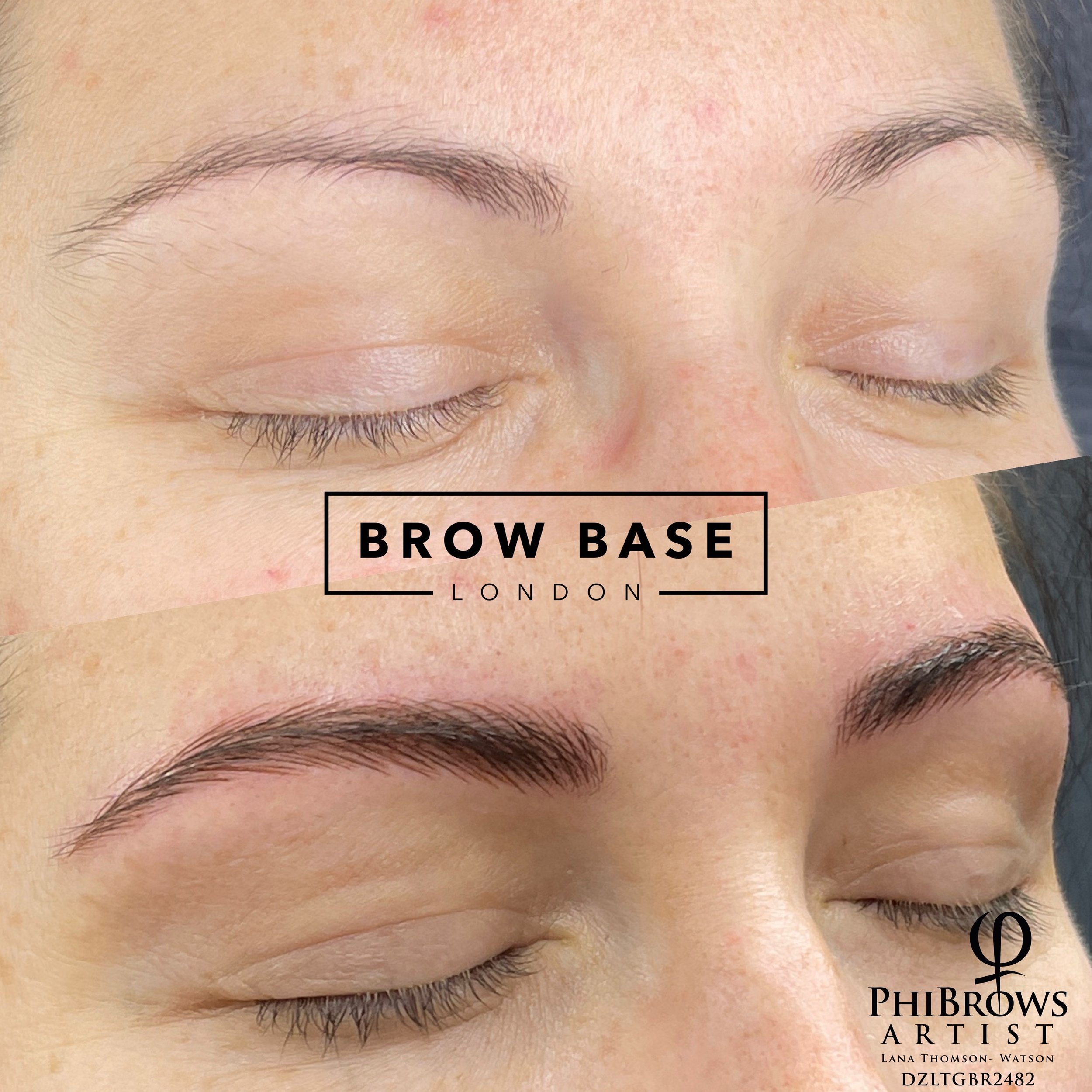Close-up of a before-and-after comparison of a person's eyebrows. The top shows sparse, natural eyebrows; the bottom shows filled-in, defined eyebrows with makeup, and a logo for PhiBrows Artist Lana Thomson-Watson is in the lower right corner.