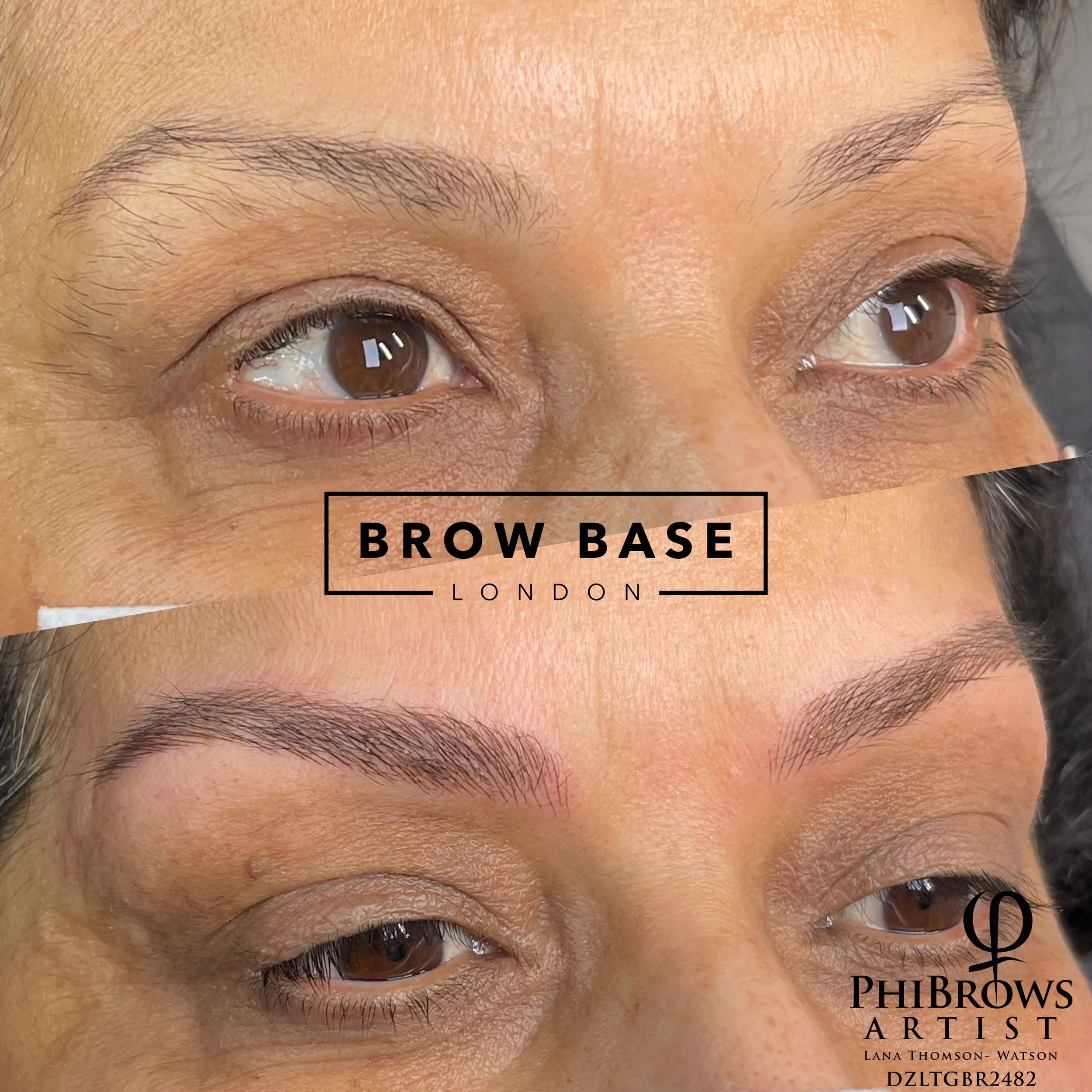 Before and after close-up of eyebrows, showing eyebrow transformation with Brow Base London product, by PhiBrows Artist Lana Thomson-Watson.