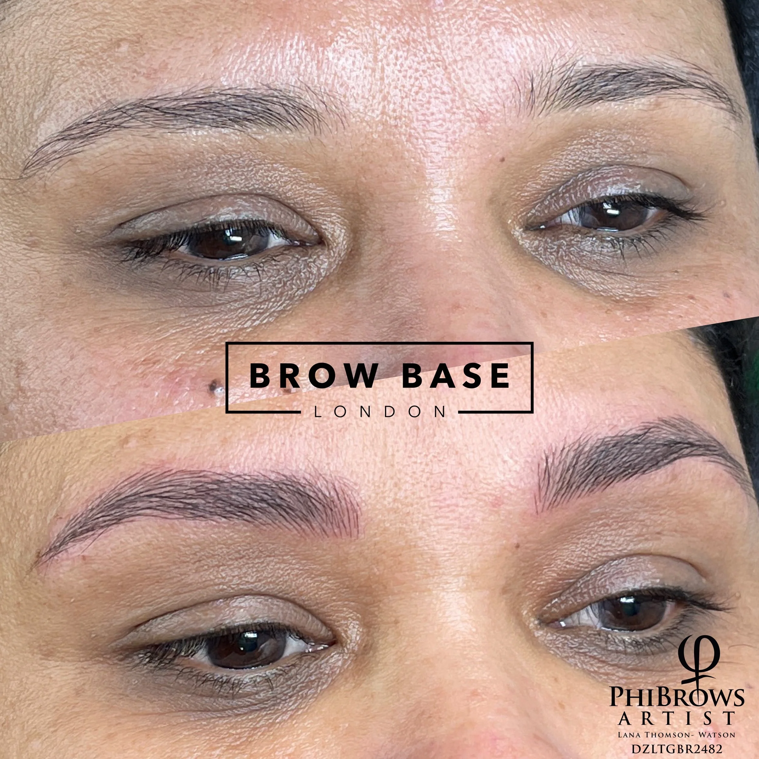 Close-up image of a woman's eyebrows showing before and after eyebrow microblading. The top part shows sparse eyebrows, and the bottom part shows fuller, well-defined eyebrows after procedure. Overlaid text reads 'Brow Base London' and 'PhiBrows Arti