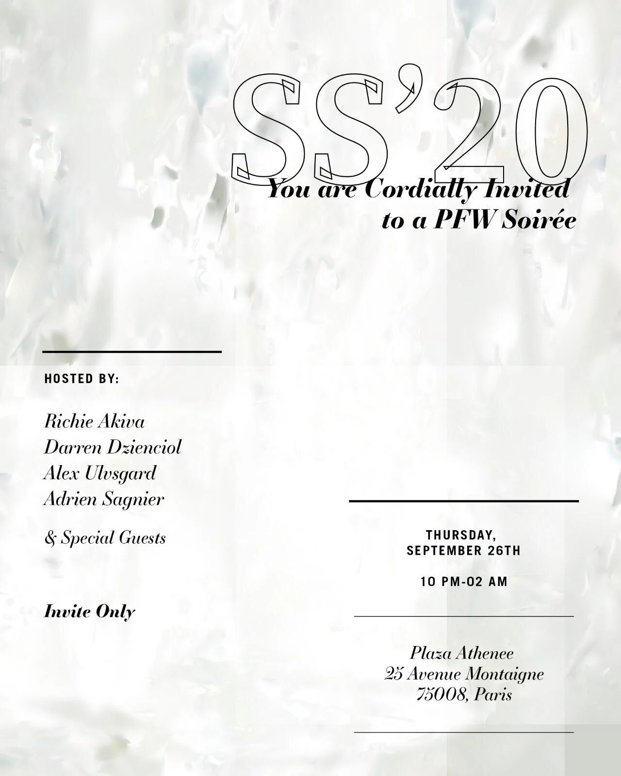   Dear Friends,  Please join us for a Fashion Week Soirée in Paris on September 26th, 10 PM,     Hosted by: Richie Akiva, Darren Dzienciol, Alex Ulvsgard &amp; Adrien Sagnier  To reserve a table or for guest list please contact alex@noctemgroup or vi